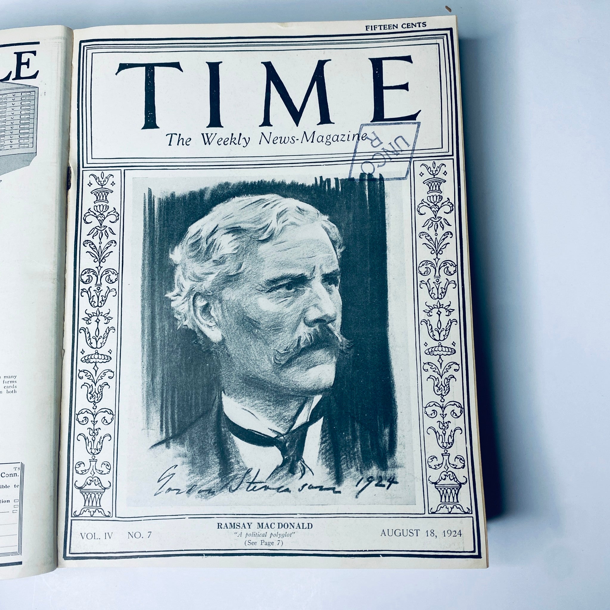Time Magazine cover from August 18, 1924 featuring Ramsay MacDonald, an important political figure, within the illustrated boundary of the bound weekly magazine July to December 1924.