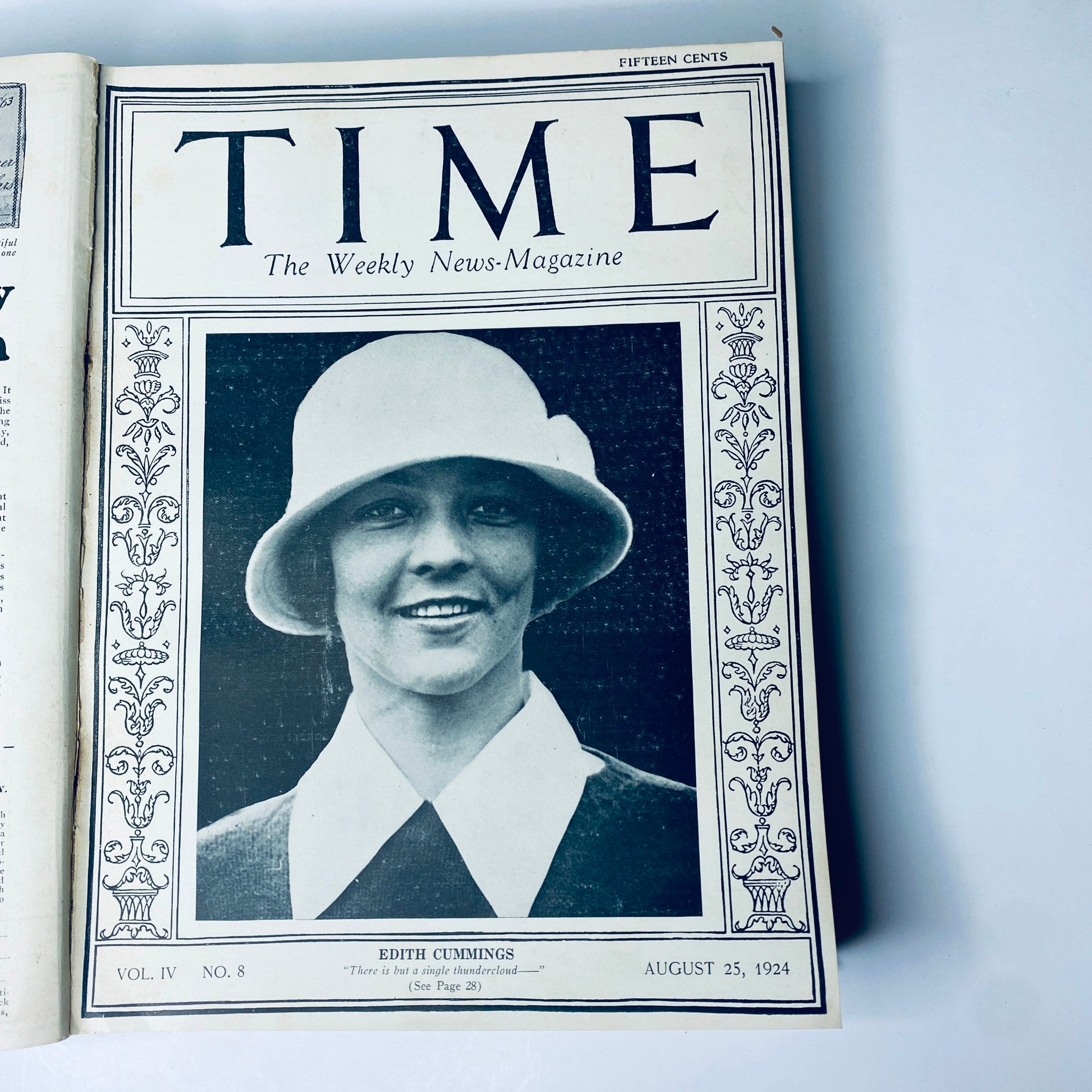 Time Magazine cover from August 25, 1924 presenting Edith Cummings, a well-known figure, as part of the bound collection of issues from July to December 1924.