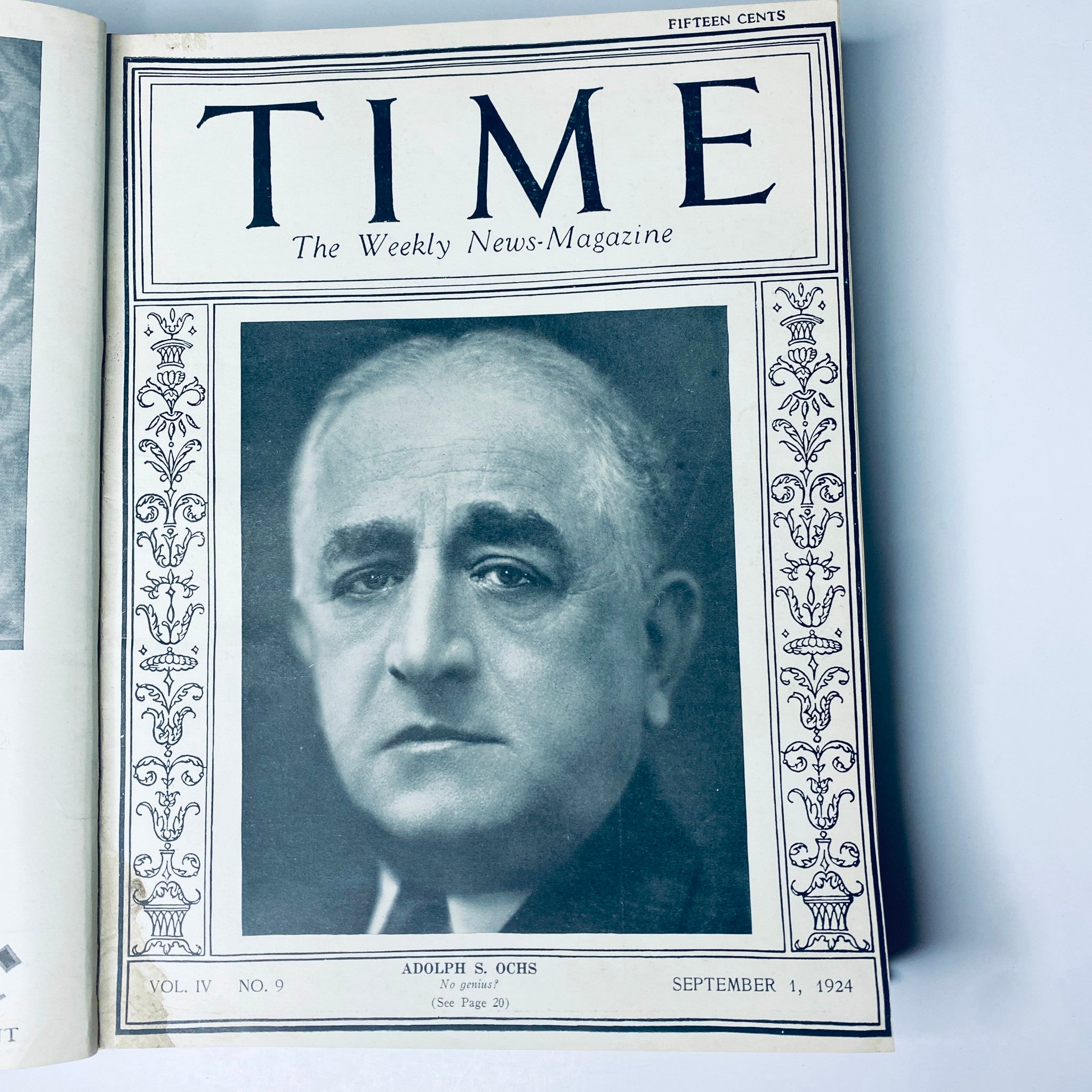 Time Magazine cover featuring Adolph S. Ochs, dated September 1, 1924, from the bounded volume July to December 1924.