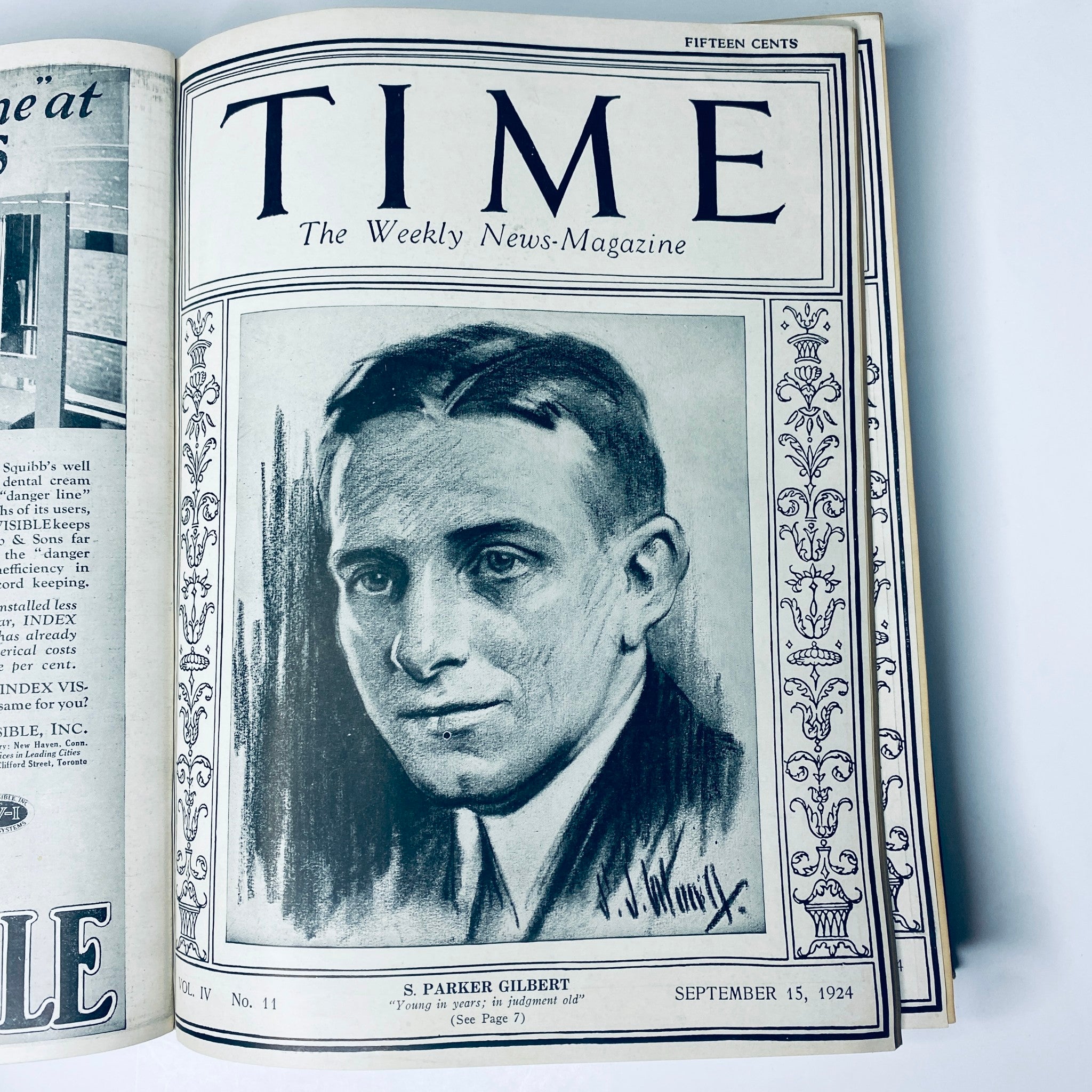 Time Magazine cover featuring S. Parker Gilbert, dated September 15, 1924, from the bounded volume July to December 1924.