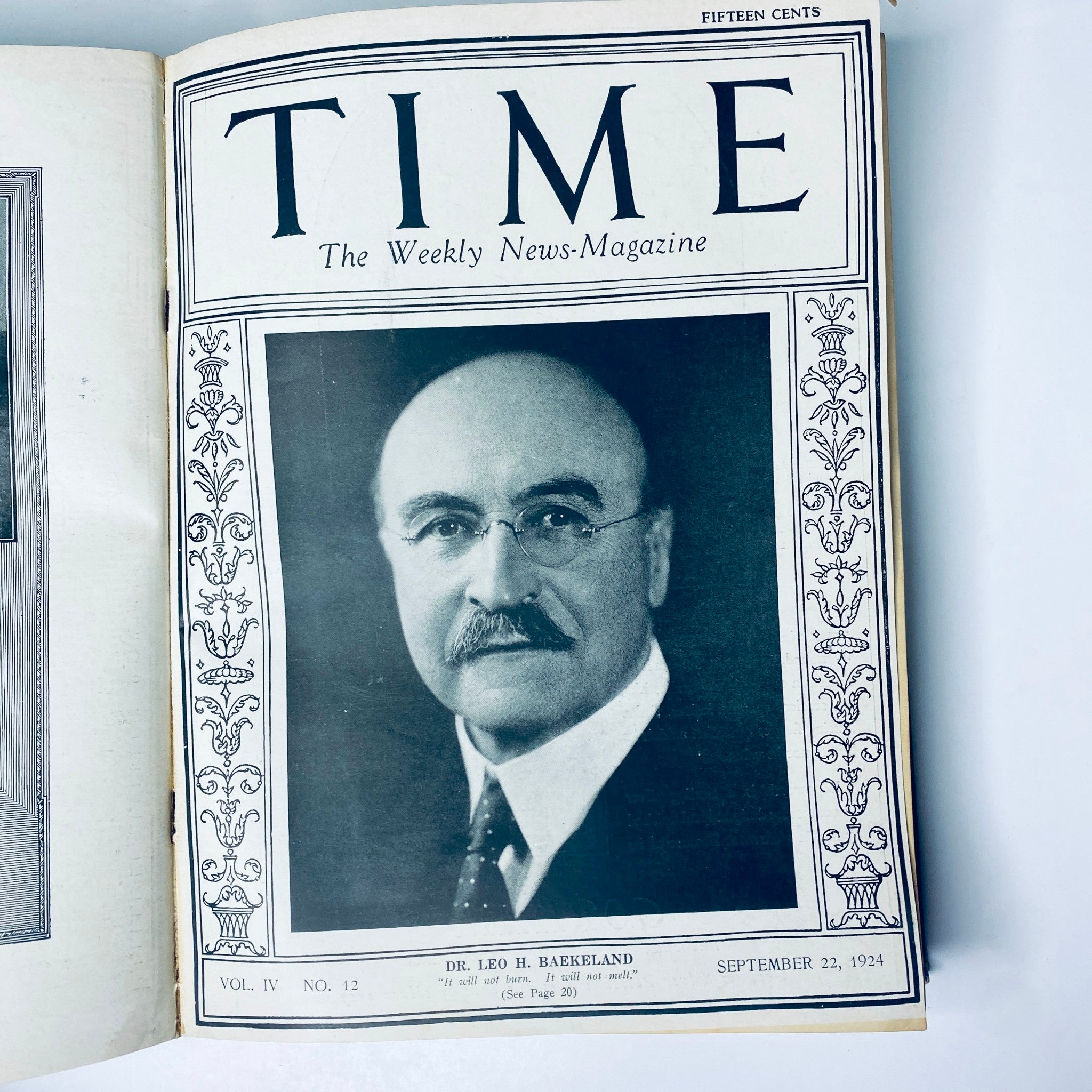 Time Magazine cover featuring Dr. Leo H. Baekeland, dated September 22, 1924, from the bounded volume July to December 1924.