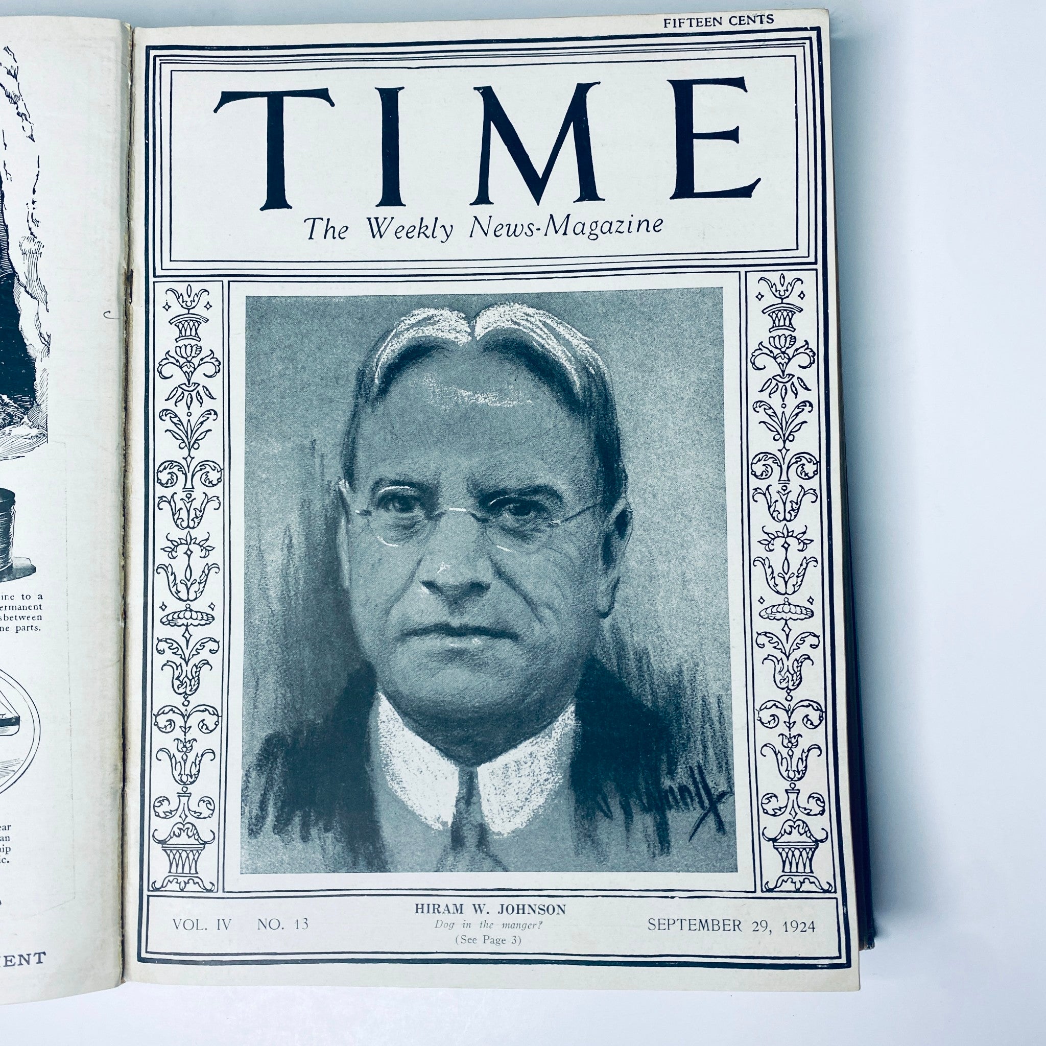 Time Magazine cover featuring Hiram W. Johnson, dated September 29, 1924, from the bounded volume July to December 1924.