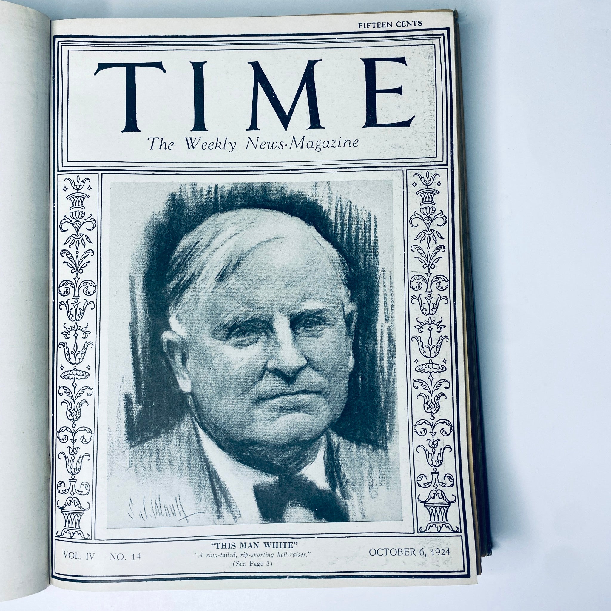 Time Magazine cover from October 6, 1924, featuring a portrait illustration of "This Man White." Title: Time Magazine Bound Weekly 1924 July - December.
