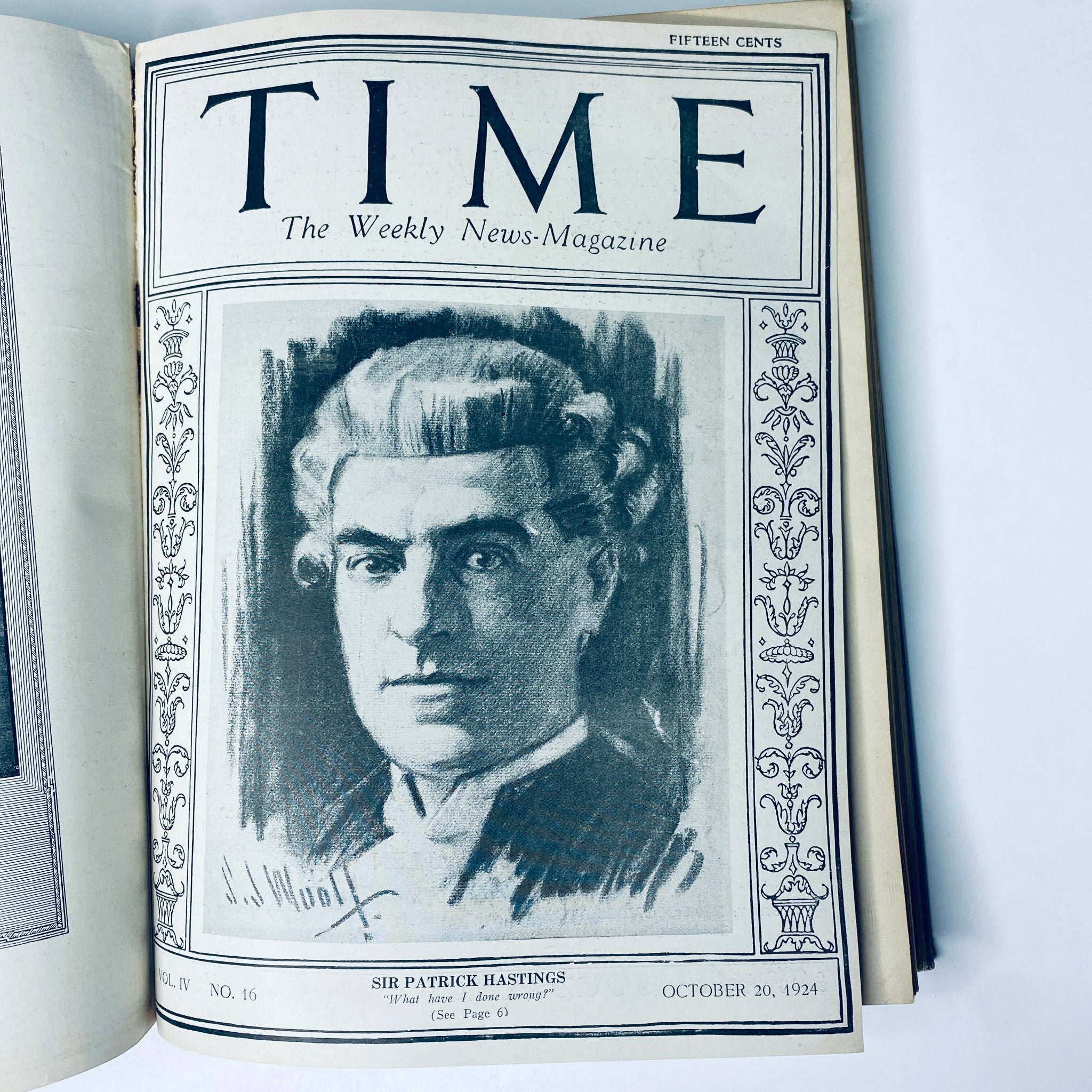Time Magazine cover from October 20, 1924, displaying a portrait of Sir Patrick Hastings. Title: Time Magazine Bound Weekly 1924 July - December.