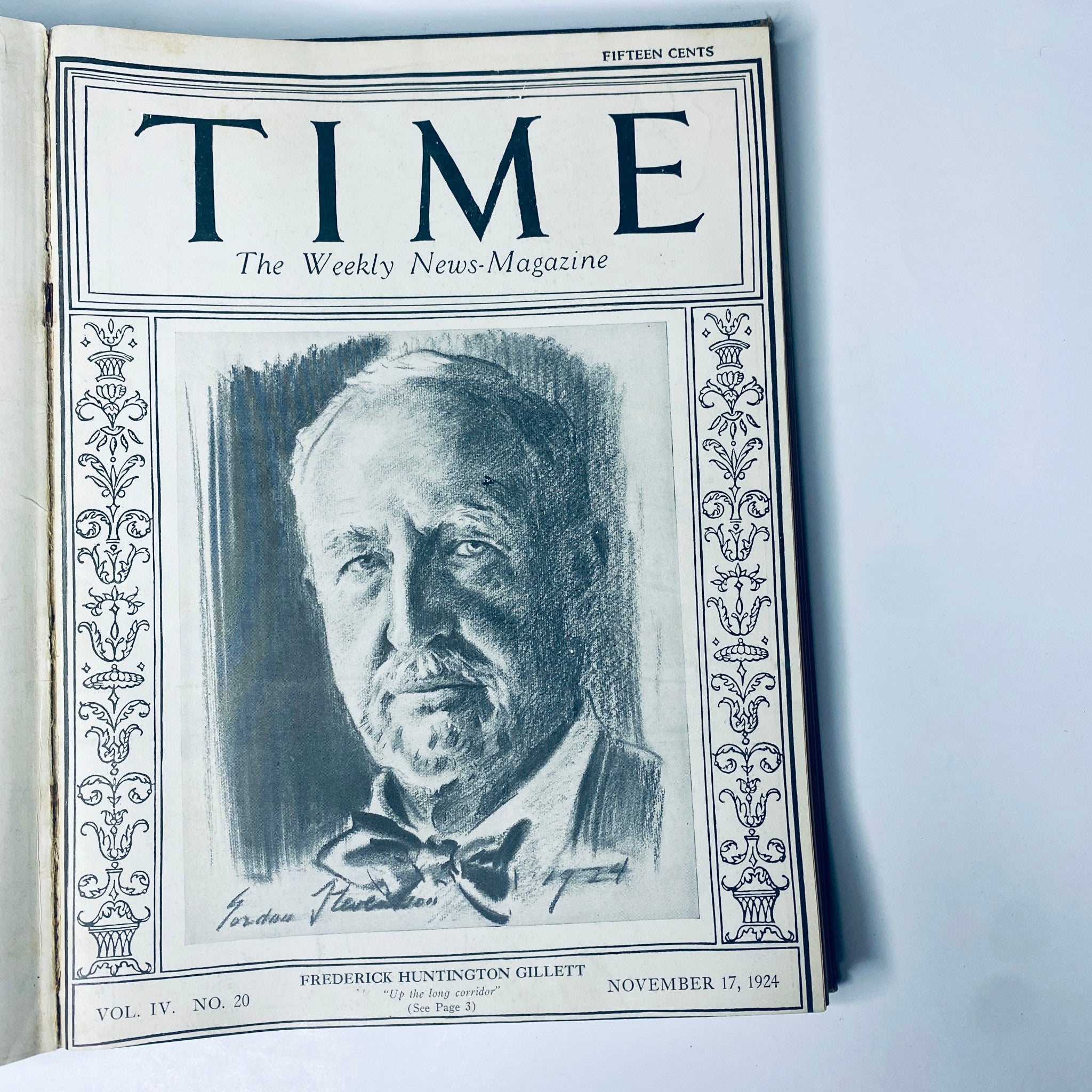 Time Magazine cover from November 17, 1924, depicting Frederick Huntington Gillett. Title: Time Magazine Bound Weekly 1924 July - December.