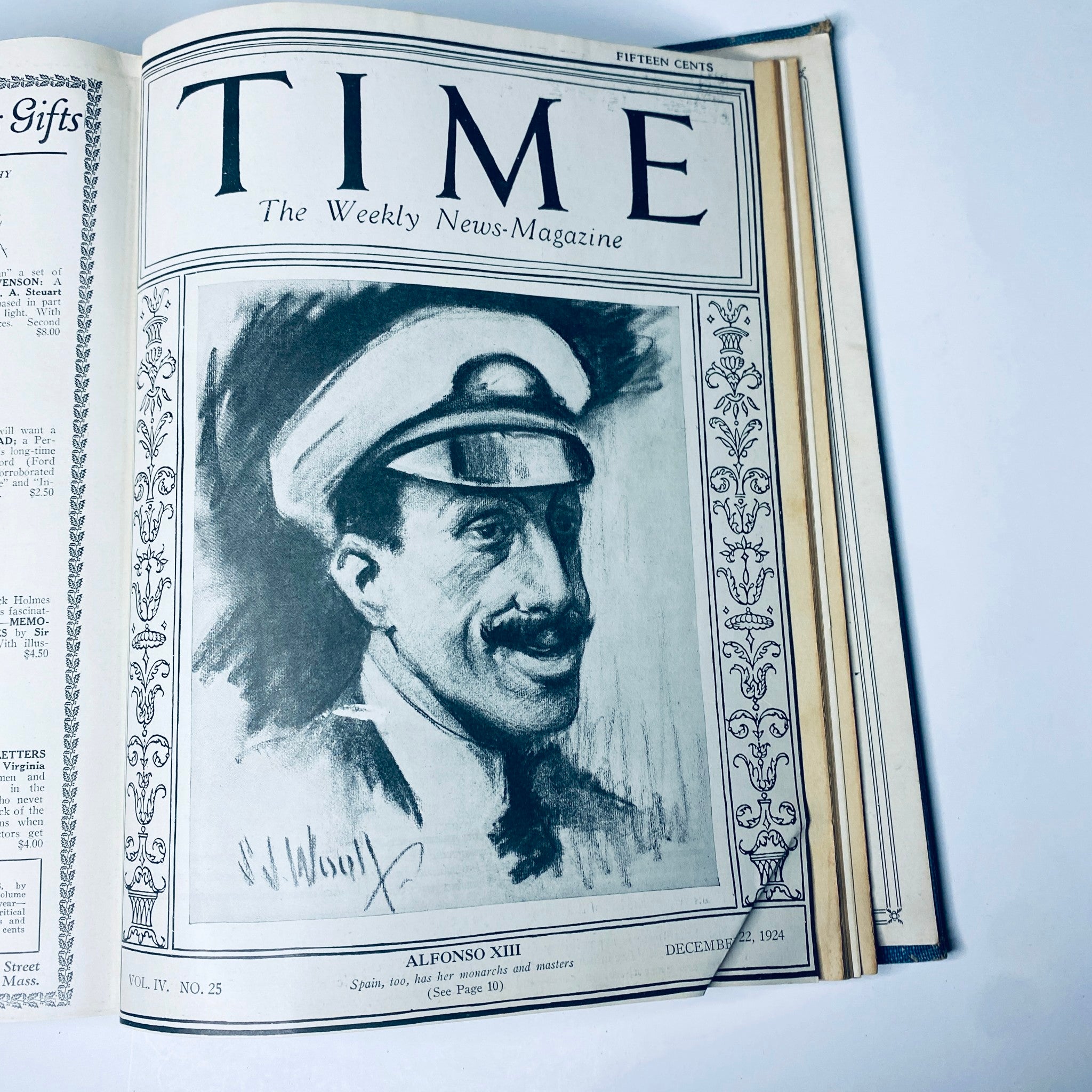 Cover page of Time Magazine Bound Weekly for December 1924 featuring Alfonso XIII. This historic magazine includes weekly issues from July to December 1924.