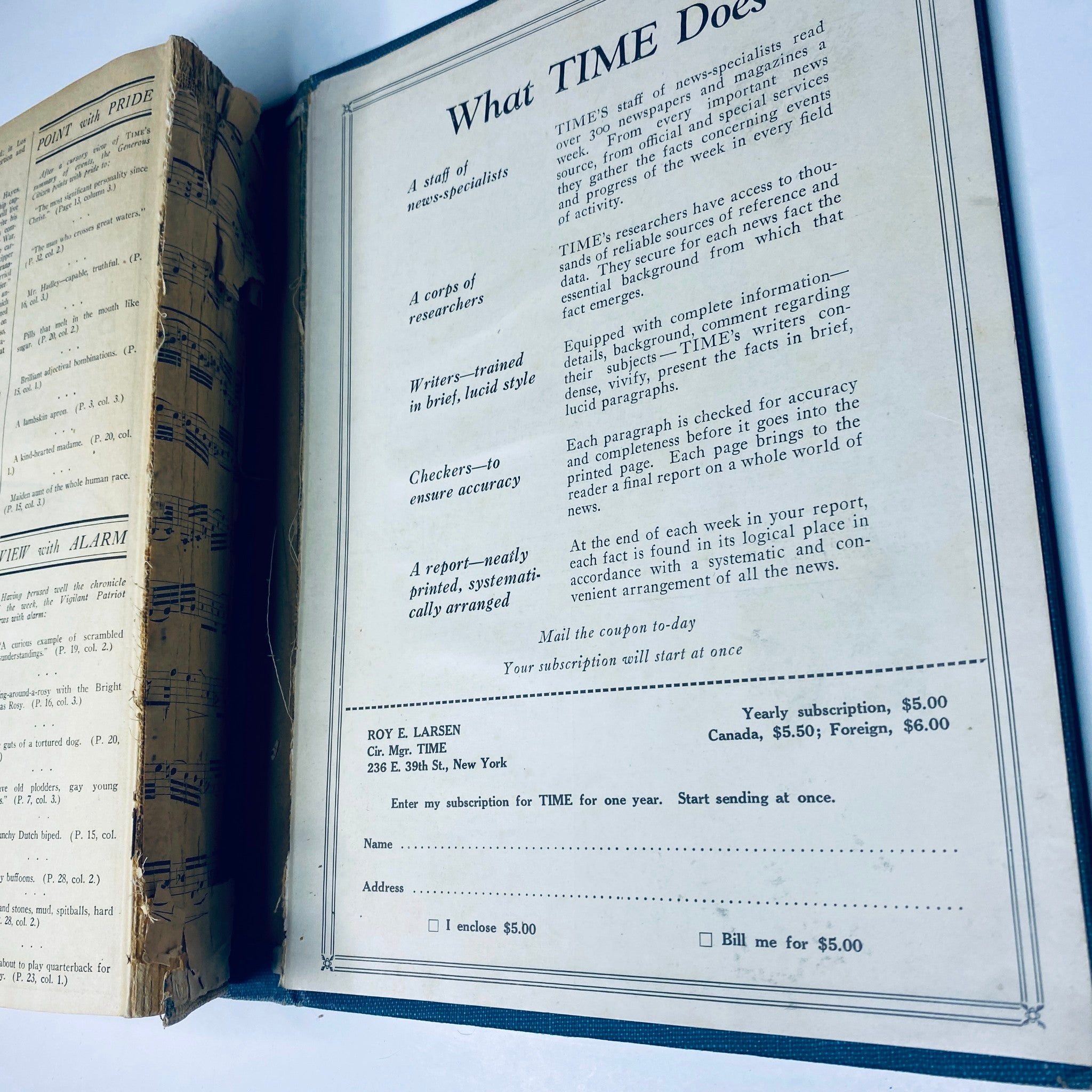 Interior page of Time Magazine Bound Weekly, detailing subscription offers and editorial staff roles. This edition covers issues from July to December 1924.
