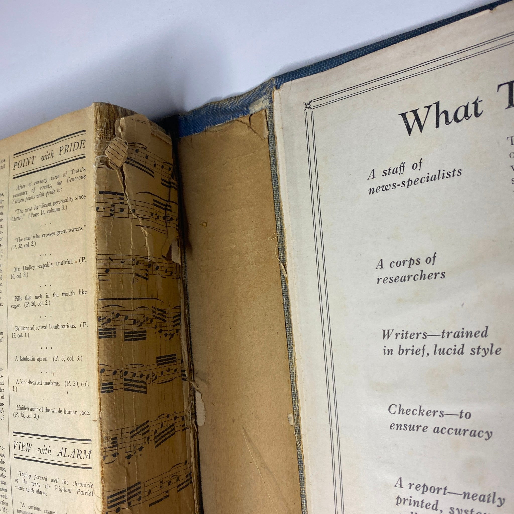 Close-up of the interior of Time Magazine Bound Weekly, showing the contents page and the aging binding. This volume contains editions from July through December 1924.