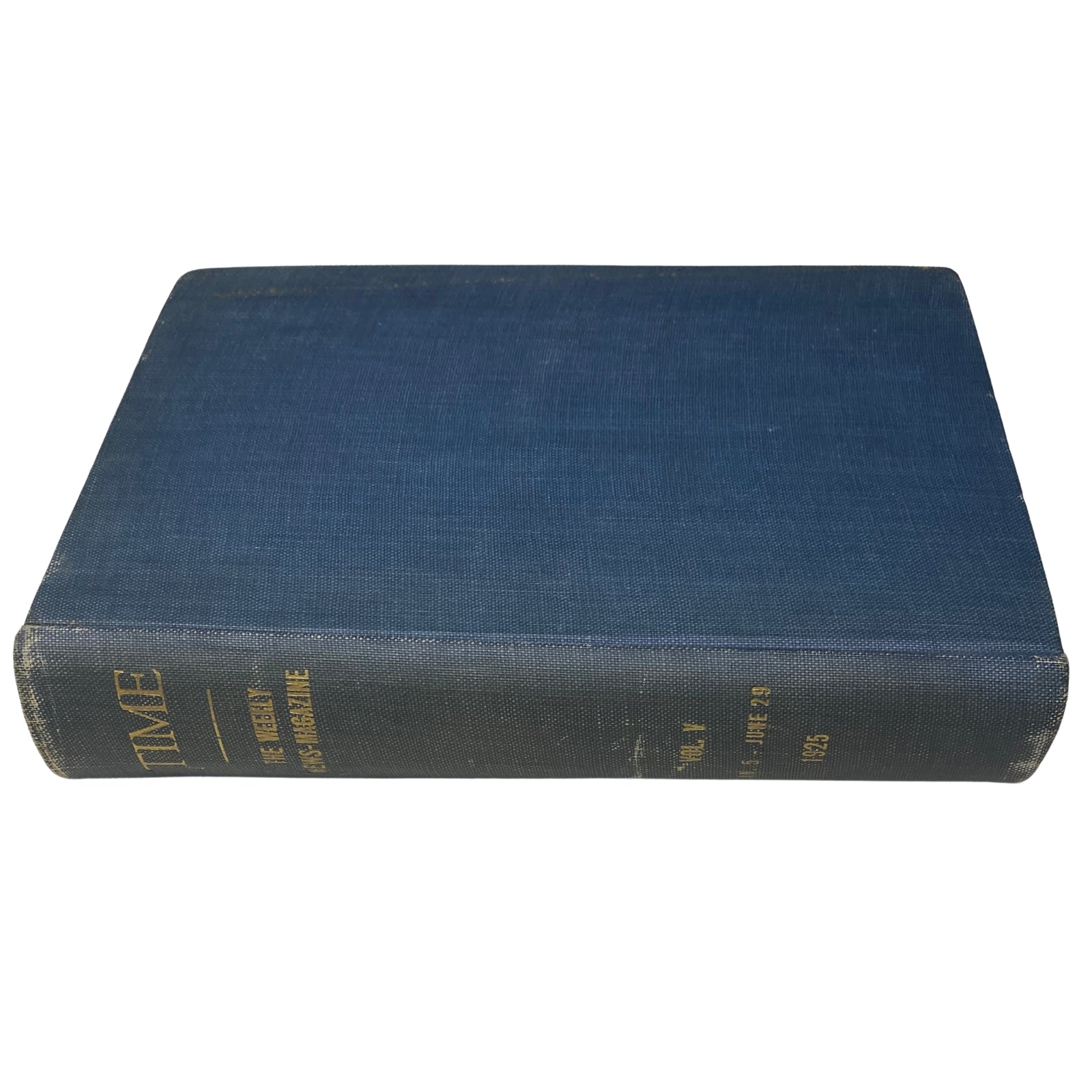 Top view of a blue hardcover book, showcasing the title 'Time' and 'Volume V 1925,' part of the Time Magazine Bound Weekly January to June 1925 collection.