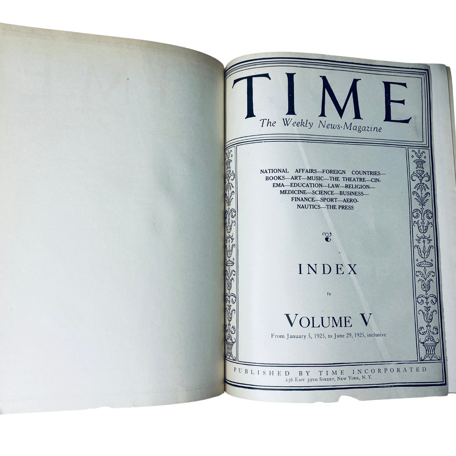 Inside page of Time Magazine showing the Index for Volume V, from January 5 to June 29, 1925, within the Time Magazine Bound Weekly January to June 1925.