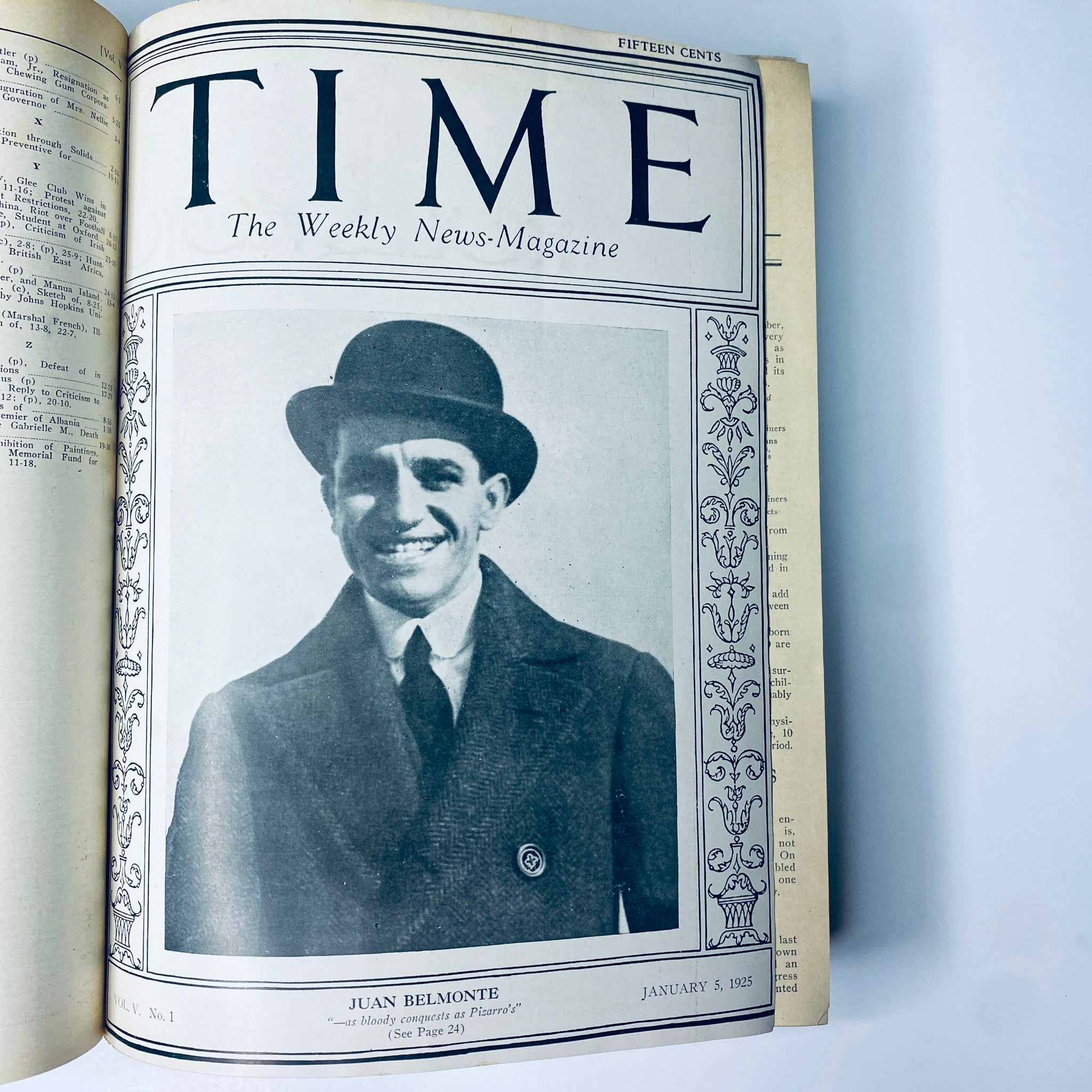 Time Magazine cover from January 5, 1925 featuring Juan Belmonte, showcasing the weekly news magazine format, part of the Time Magazine Bound Weekly collection for 1925.