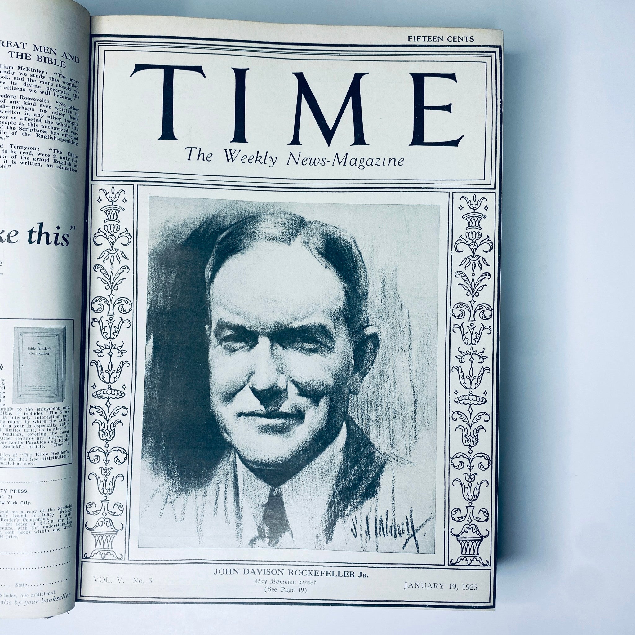 Time Magazine cover from January 19, 1925 featuring John Davison Rockefeller Jr., highlighting the weekly news magazine layout, part of the Time Magazine Bound Weekly segment from 1925.
