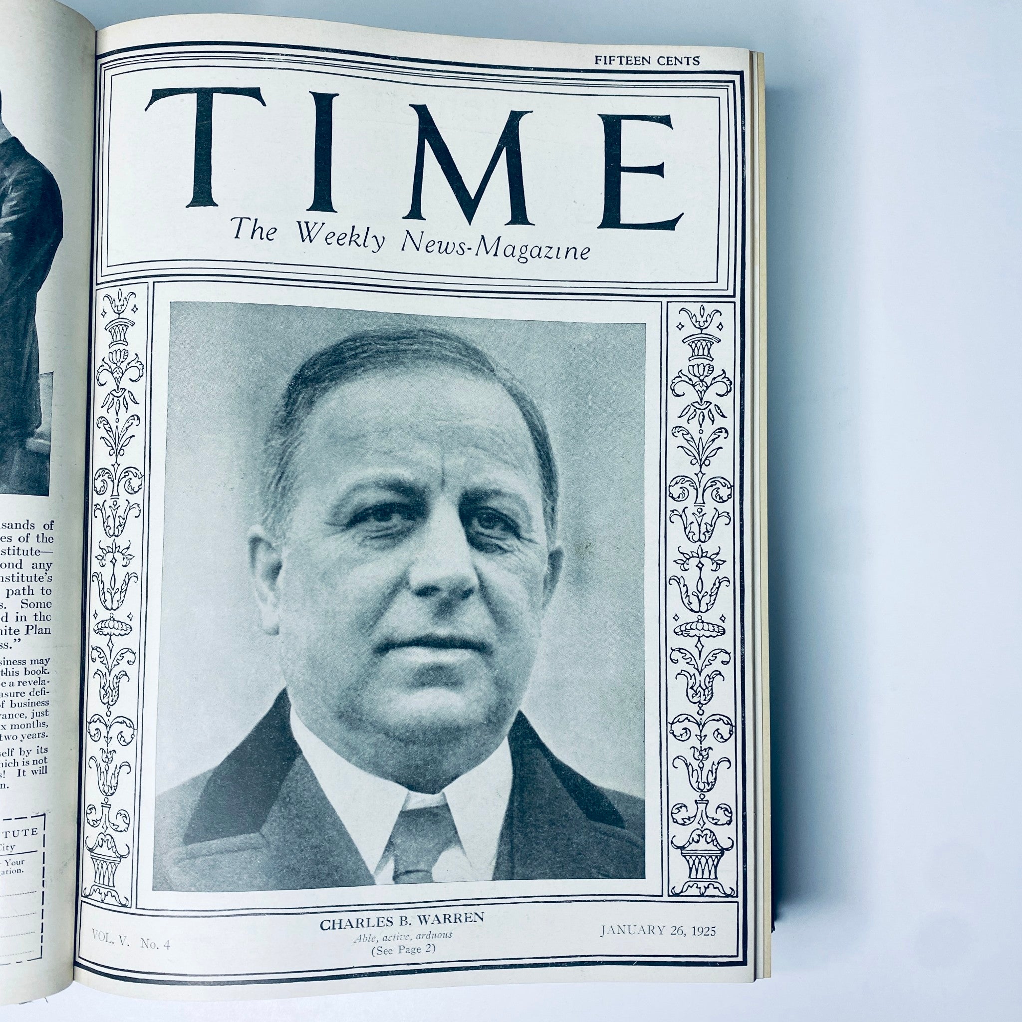 Time Magazine cover from January 26, 1925 featuring Charles B. Warren, illustrates the classic design of the weekly news magazine, included in the Time Magazine Bound Weekly 1925 collection.
