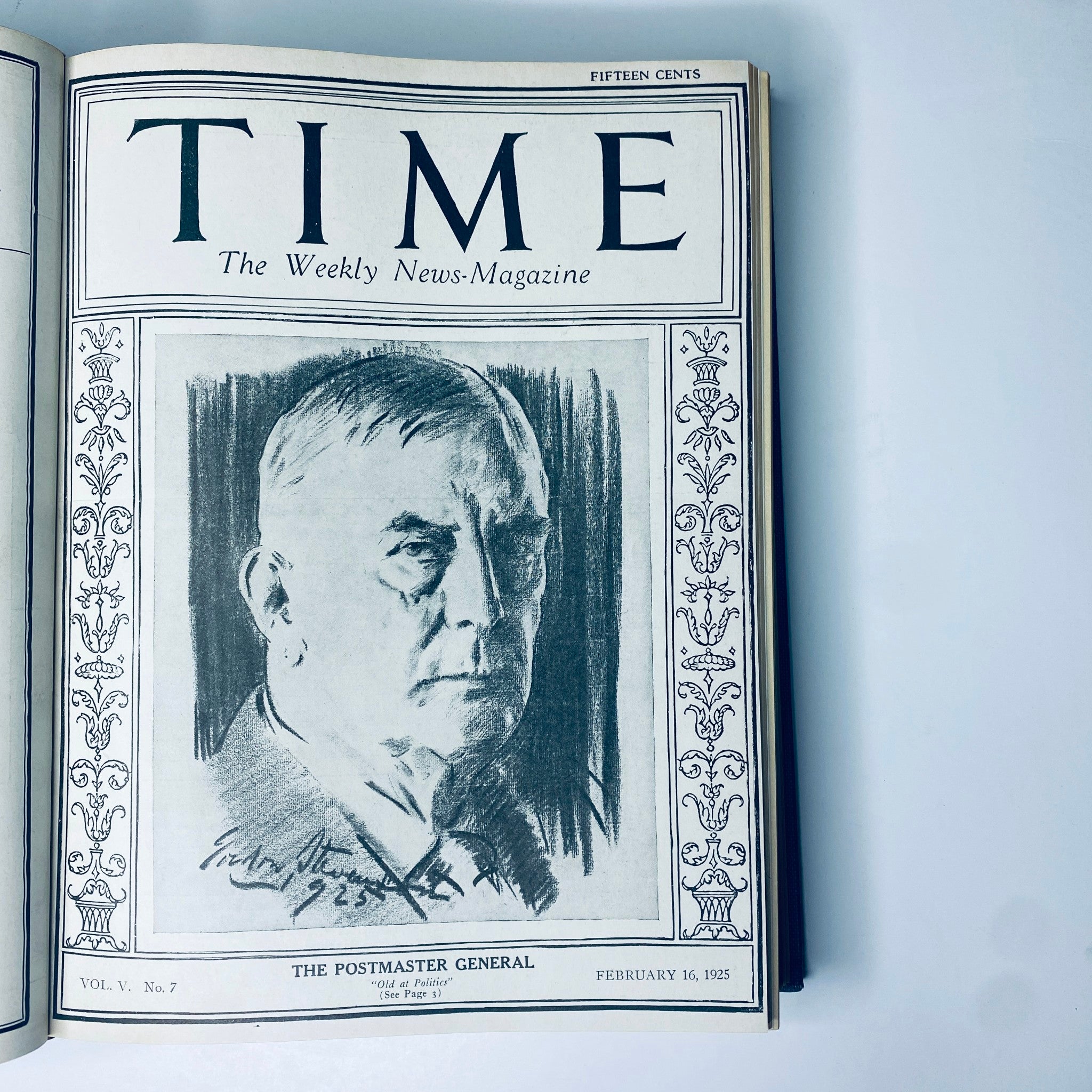 Cover of Time Magazine with a portrait of The Postmaster General, from the Time Magazine Bound Weekly 1925 January - June, reflecting significant personalities of the 1920s.