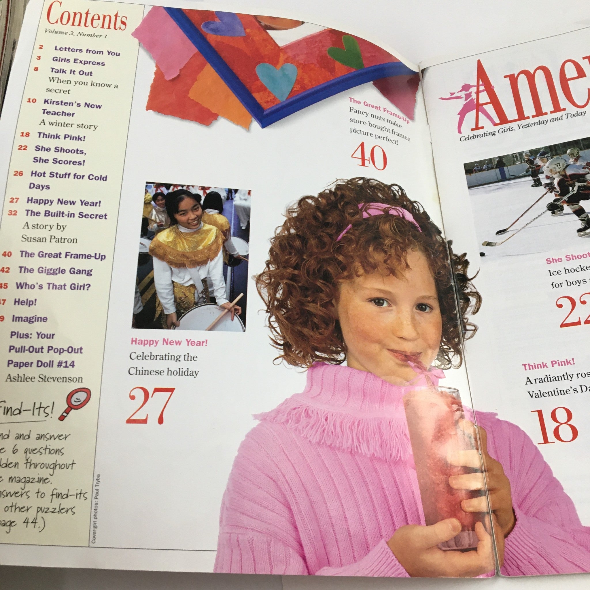 Interior page of American Girl Magazine January 1995, displaying contents including articles about Valentine's Day and a feature titled 'Happy New Year! Celebrating the Chinese holiday', showcasing vibrant imagery and engaging activities for young readers.