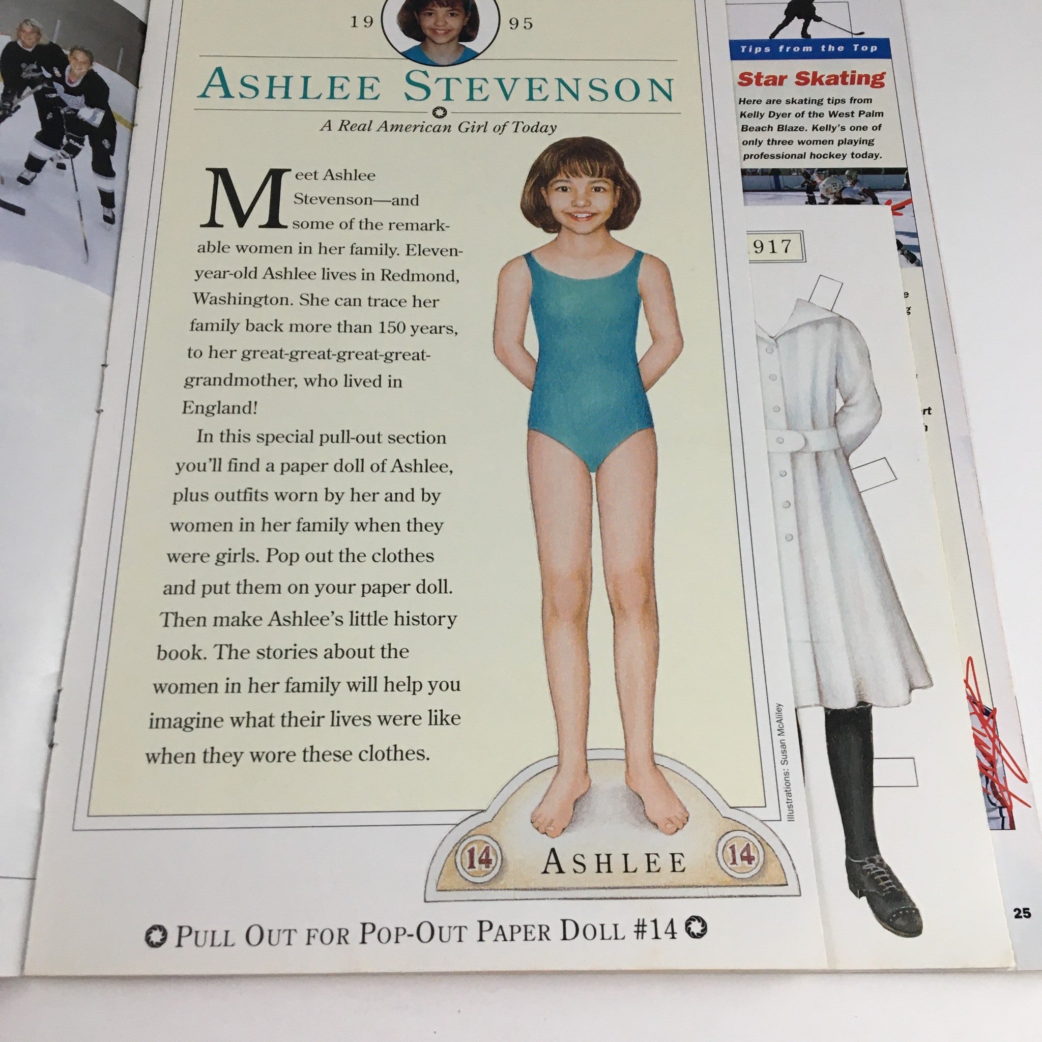 American Girl Magazine January 1995 includes an article featuring Ashlee Stevenson, a paper doll with outfits representing her family's history.