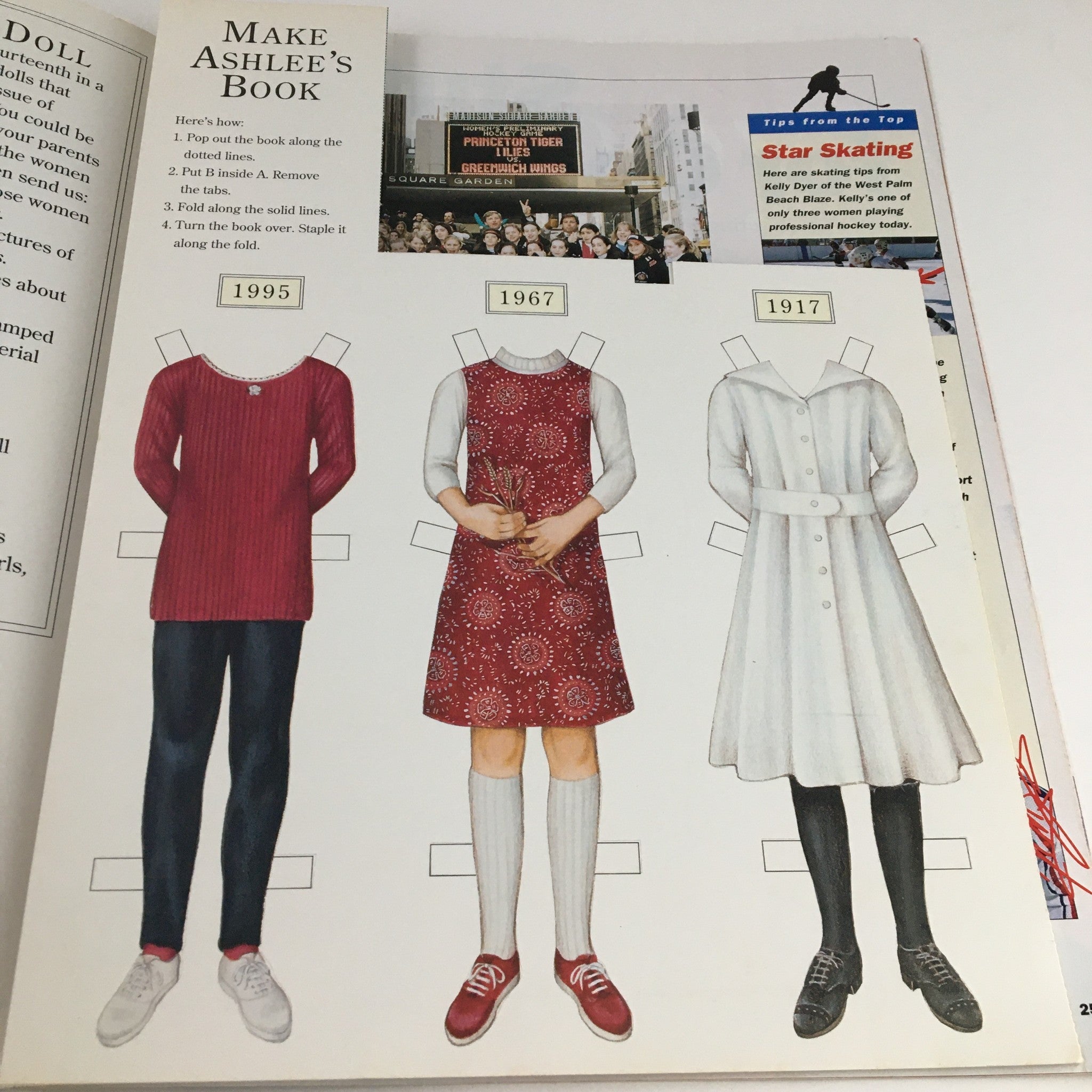 American Girl Magazine January 1995 features Ashlee Stevenson and her paper doll outfits from different decades: 1995, 1967, and 1917.