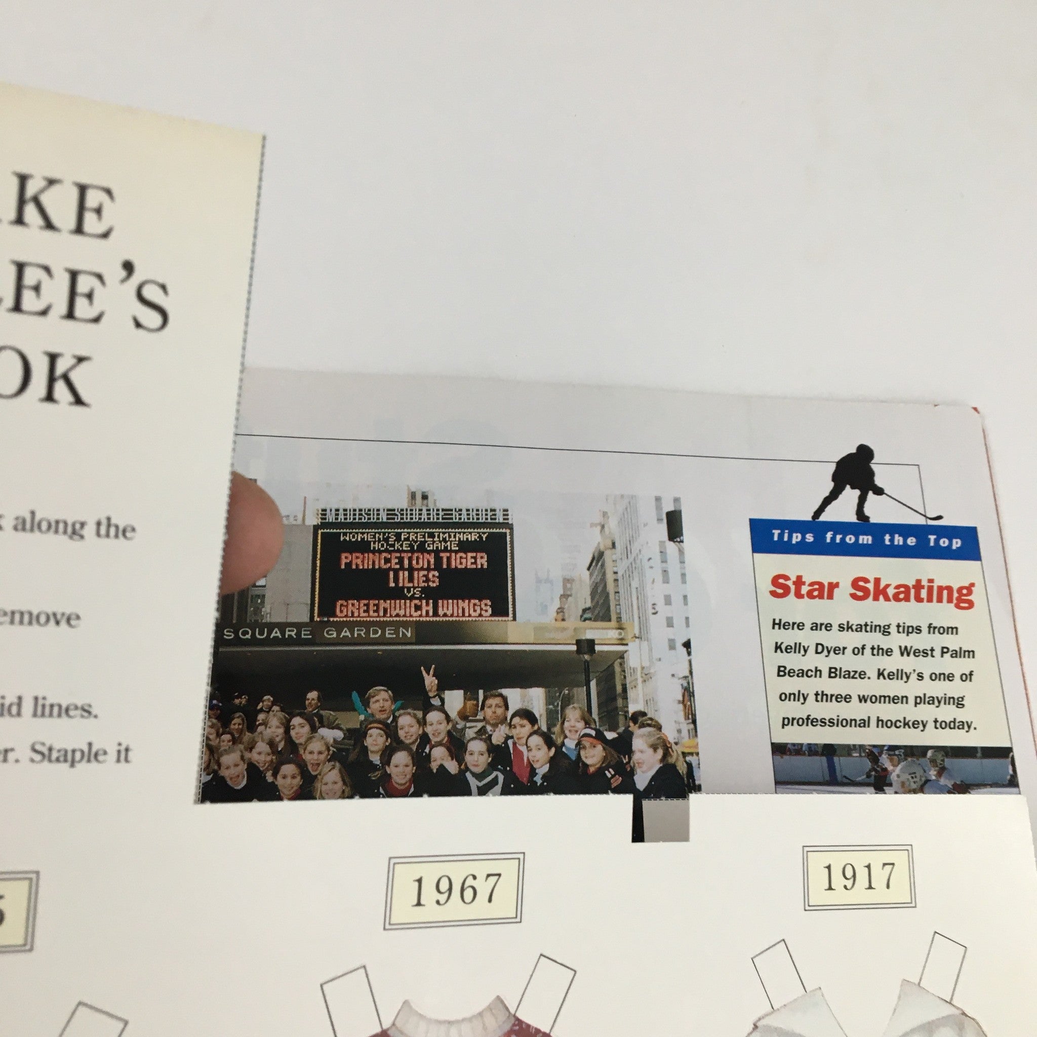 American Girl Magazine January 1995 page displaying tips for skating alongside a historical photo of a women's hockey game.