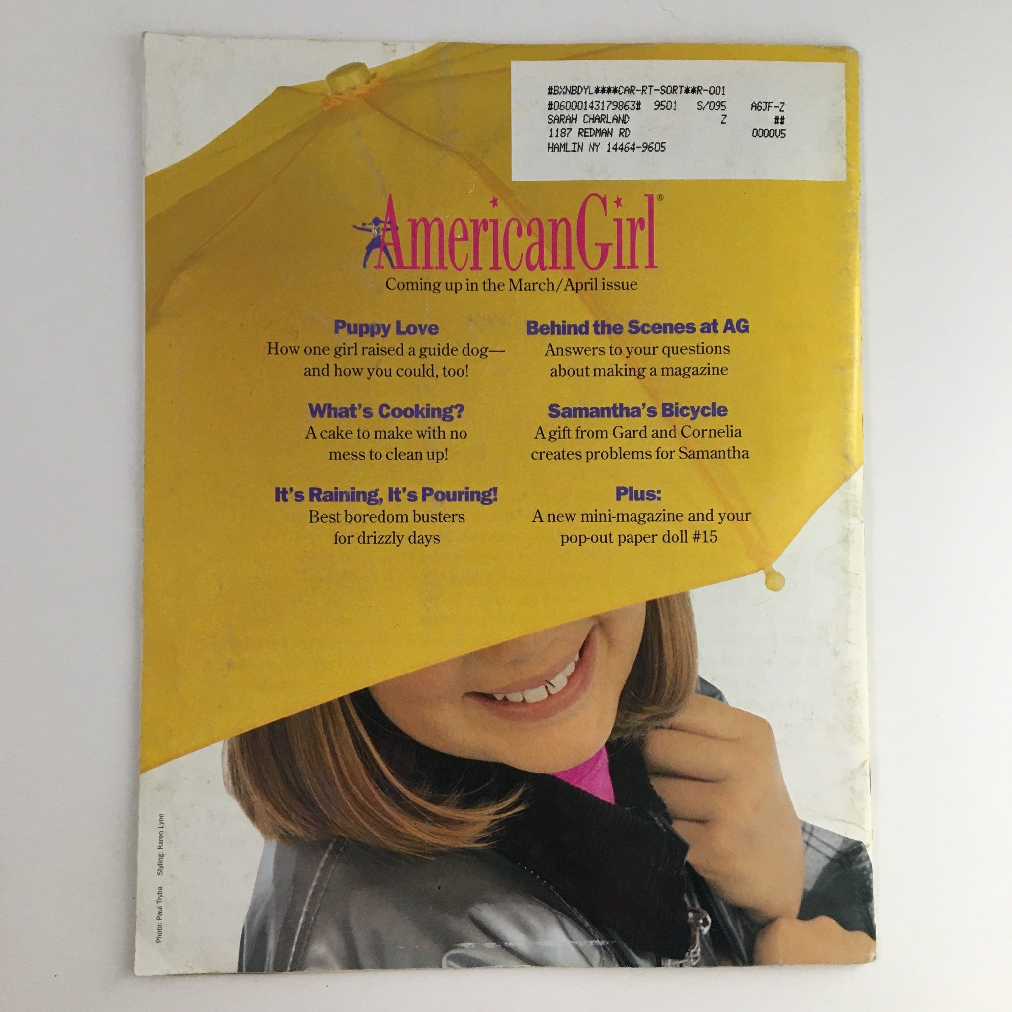 The back cover of American Girl Magazine January 1995, highlighting upcoming features and articles related to childhood interests.
