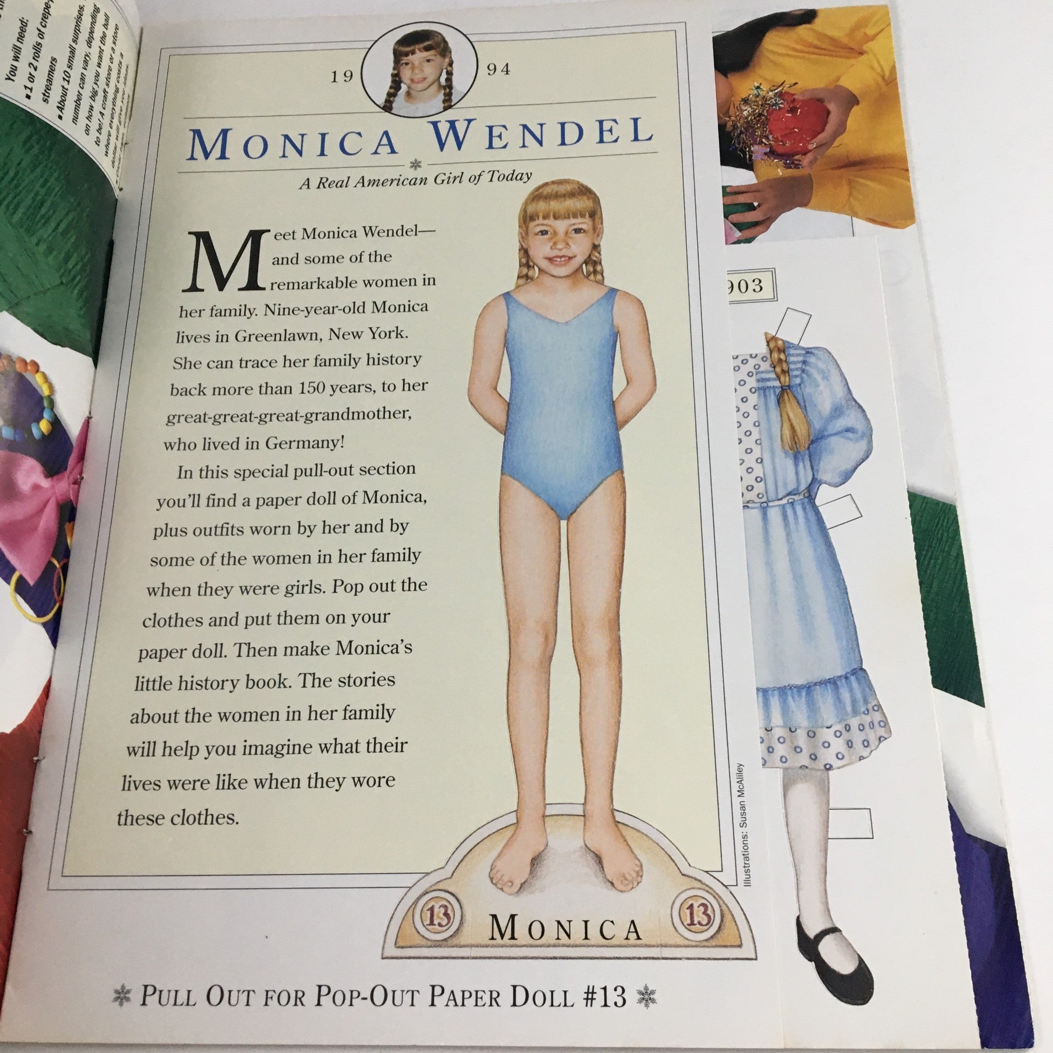 Illustration of Monica Wendel, featured in American Girl Magazine November 1994, showcasing her paper doll and outfits representing her family history.
