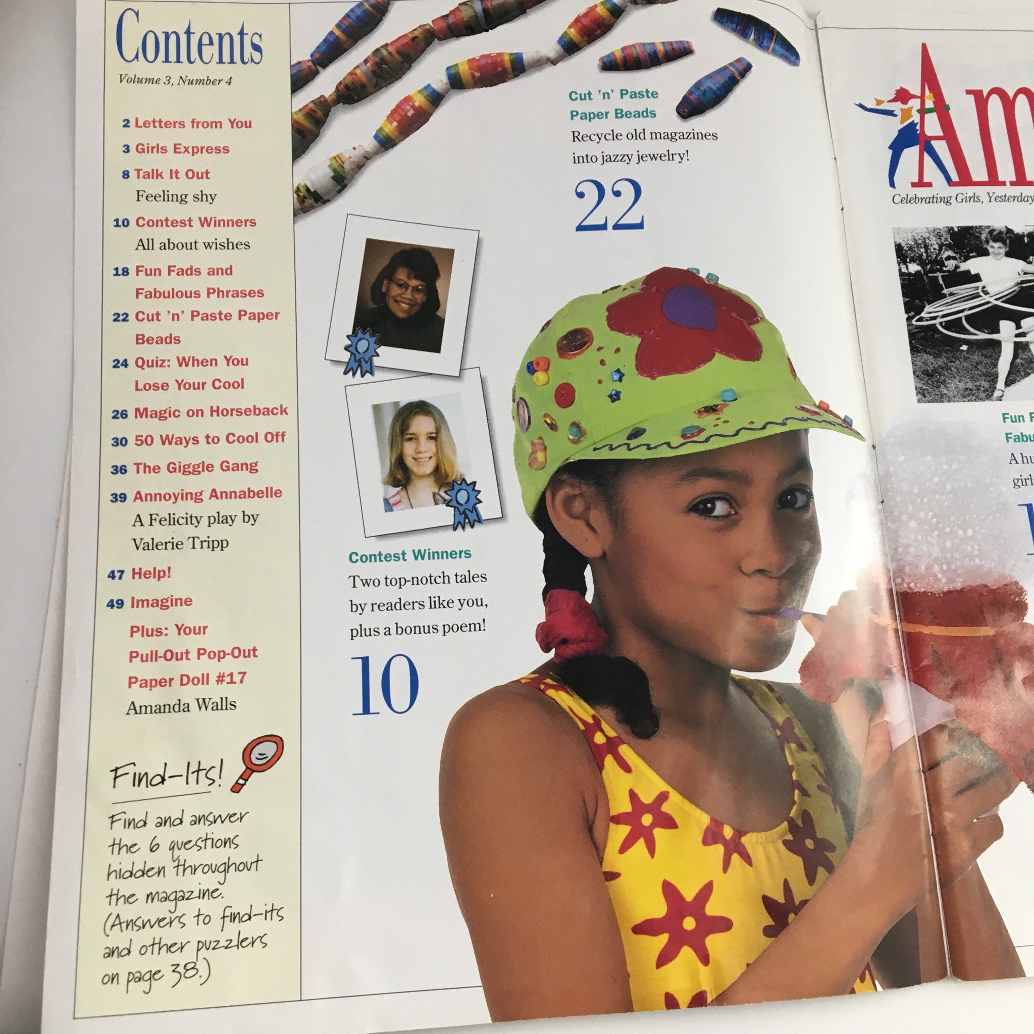 Contents page of American Girl Magazine July 1995 highlighting articles such as 'Cool Handstands on Horseback' and 'Contest Winners' with colorful imagery.