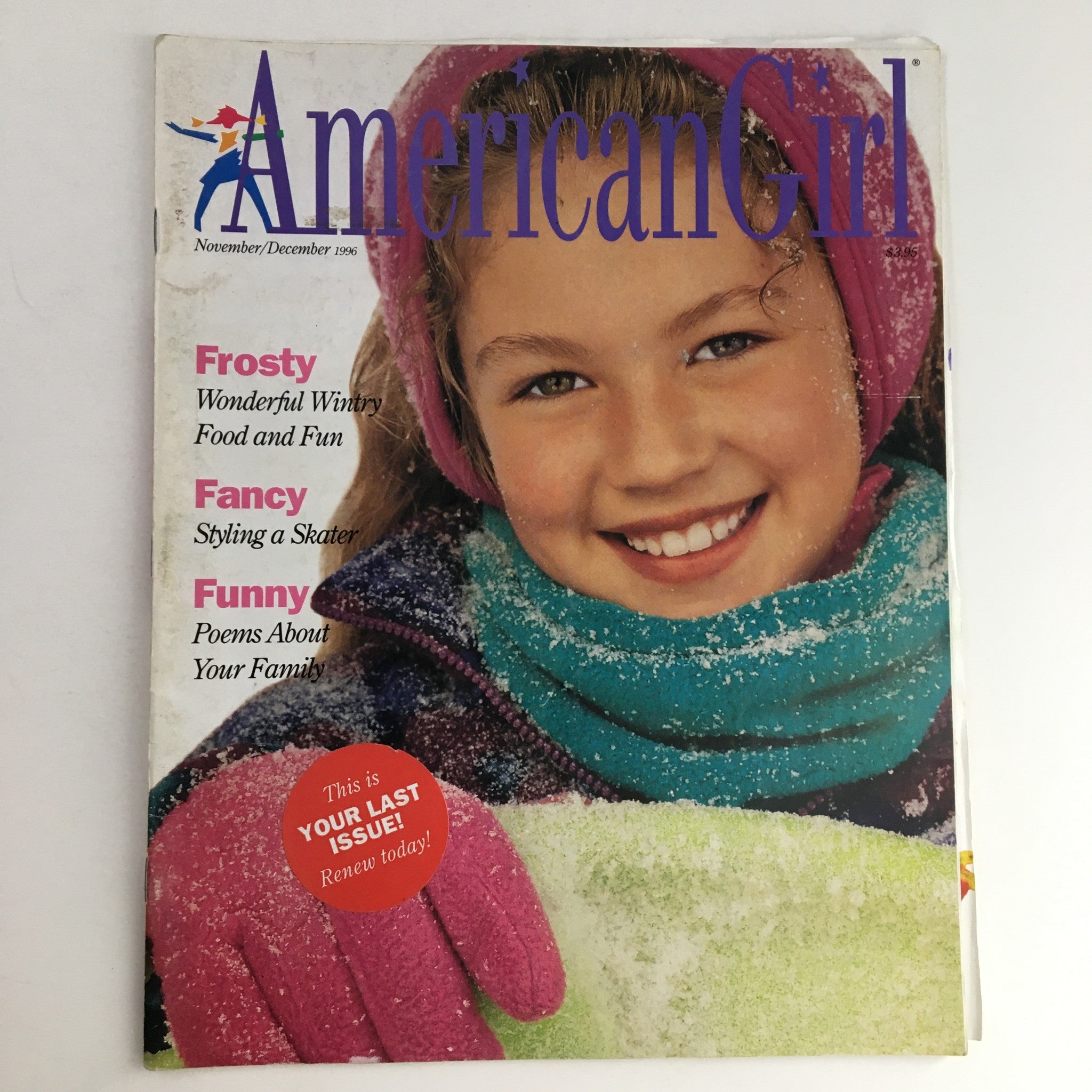 Cover of American Girl Magazine November 1996 featuring a smiling girl in winter attire, highlighting funny poems about family, with a focus on nostalgia and childhood.