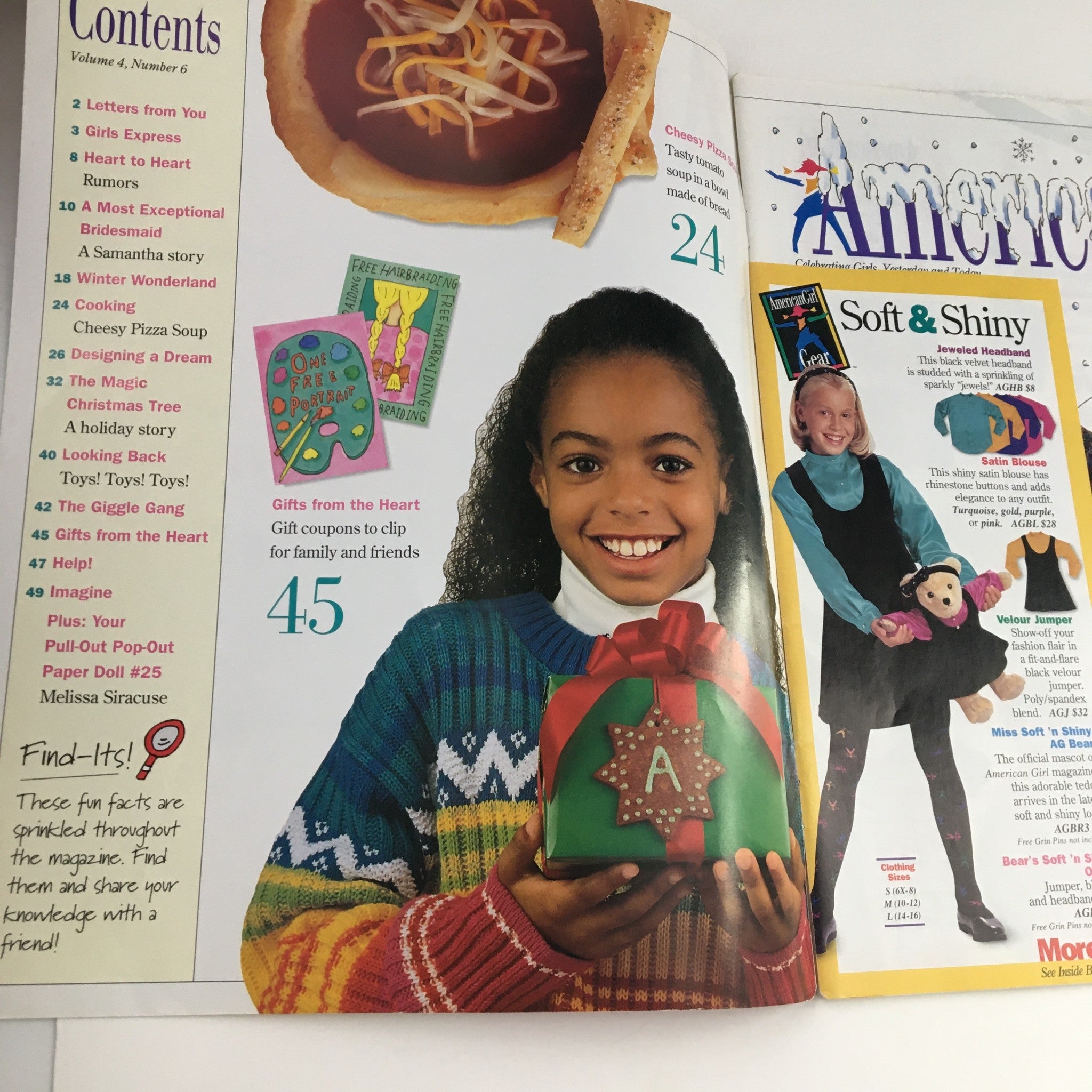 Contents page of American Girl Magazine November 1996, showcasing colorful headings and images, including features like cheesy pizza soup and gift ideas for family.