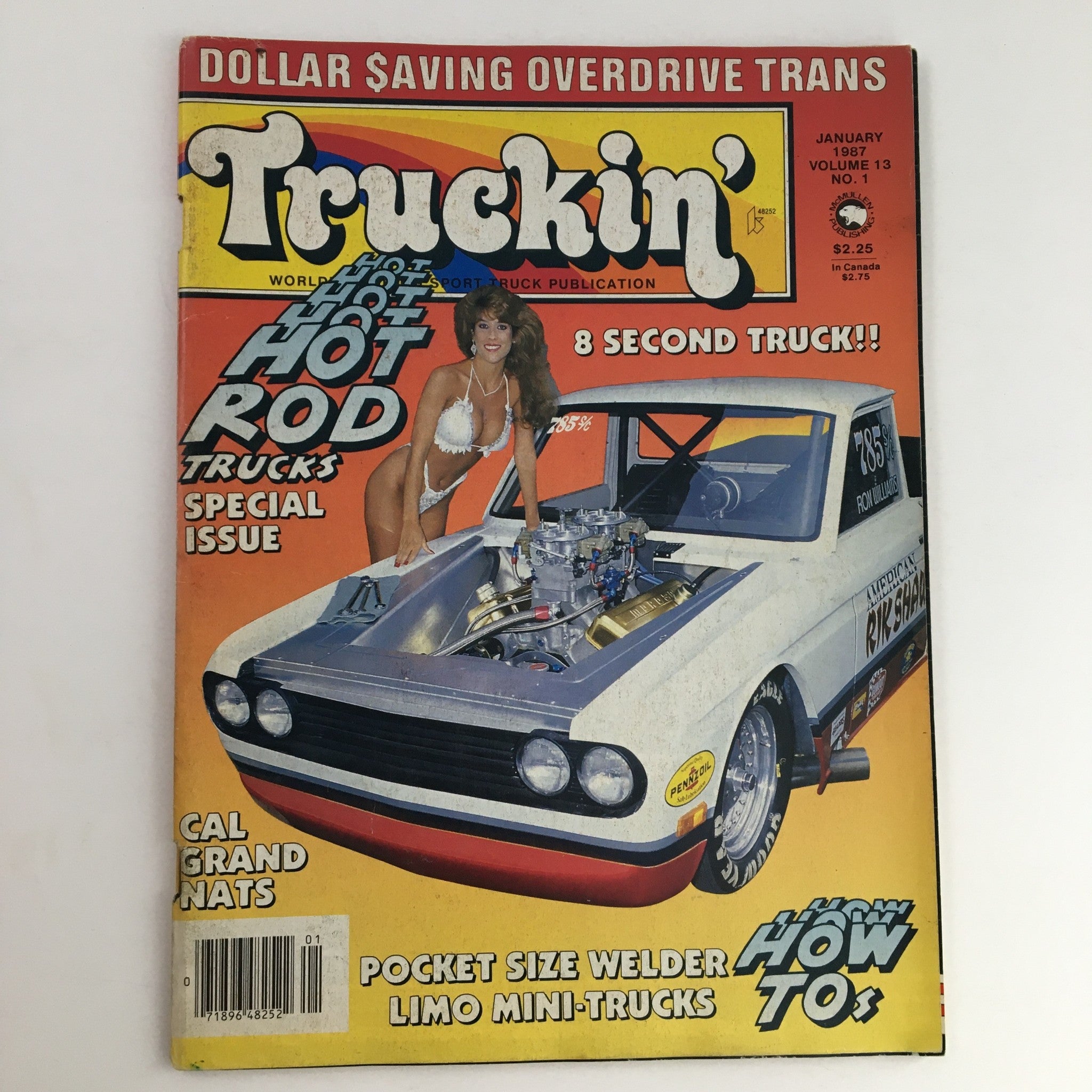 Cover of Truckin' Magazine January 1987 featuring a vintage mini-truck with a special promotional model, showcasing a half-naked model and highlighting topics like pocket size welder and limo mini-trucks.