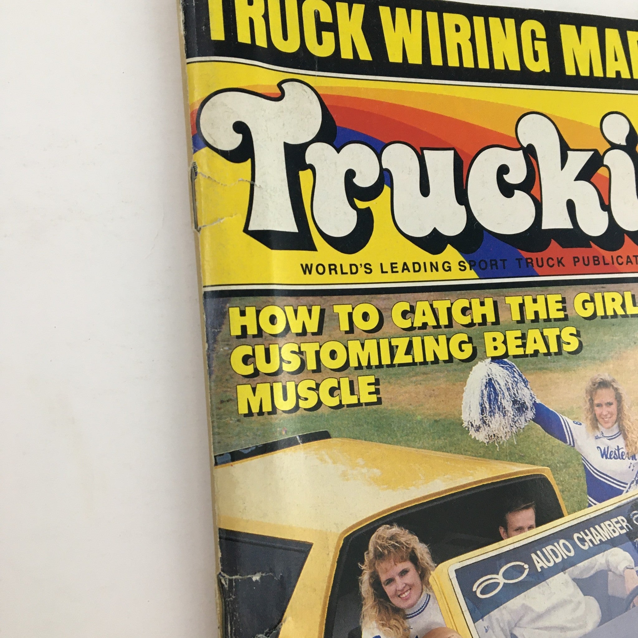 Close-up of Truckin' Magazine February 1989 cover highlighting the title 'Truck Wiring Made Simple' and text about customizing trucks. A nostalgic piece reflecting late 80s automotive culture.