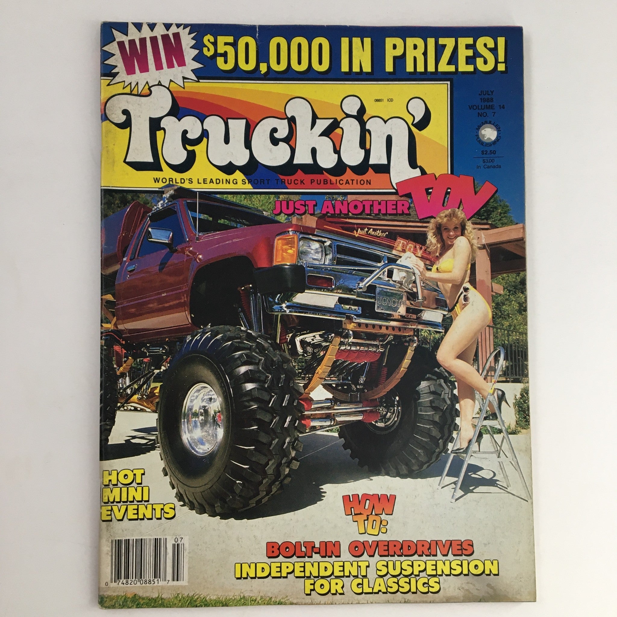 Cover of Truckin' Magazine July 1988 featuring a vibrant design with an off-road truck and a model. The title reads 'Truckin' - World's Leading Sport Truck Publication' along with the highlight 'Win $50,000 in Prizes!' This edition focuses on independent suspension for classic trucks.