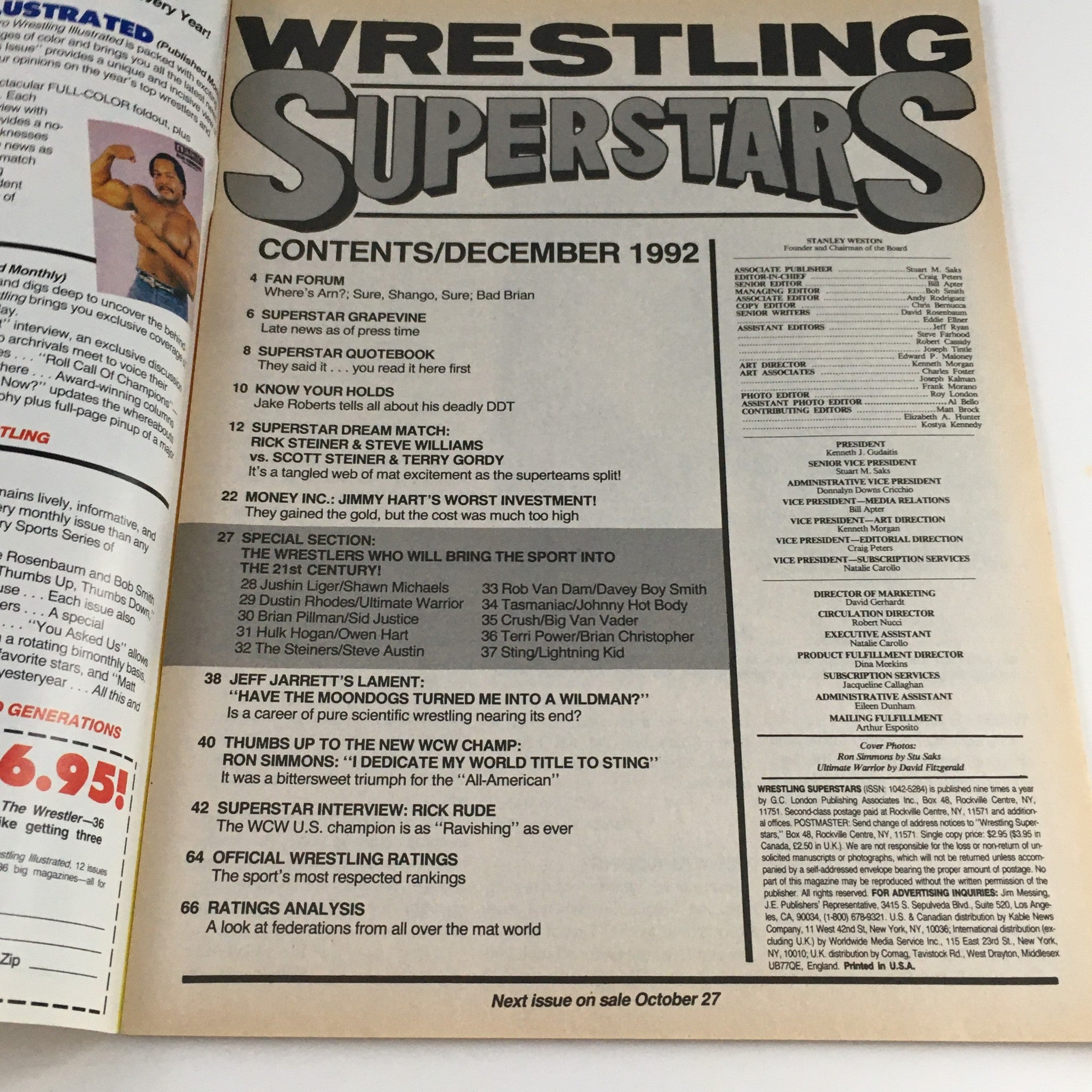 Wrestling Superstars Magazine December 1992 Ron Simmons World Title, No Label VG