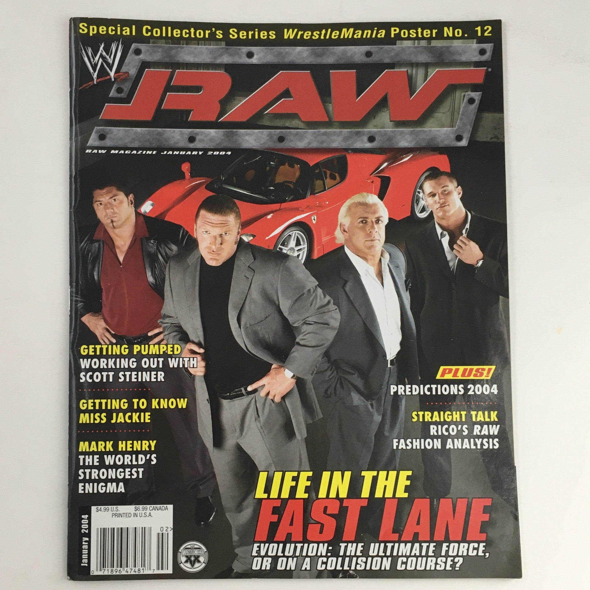 WWE Raw Magazine January 2004 cover featuring Scott Steiner, Mark Henry, and Miss Jackie with a red sports car in the background.