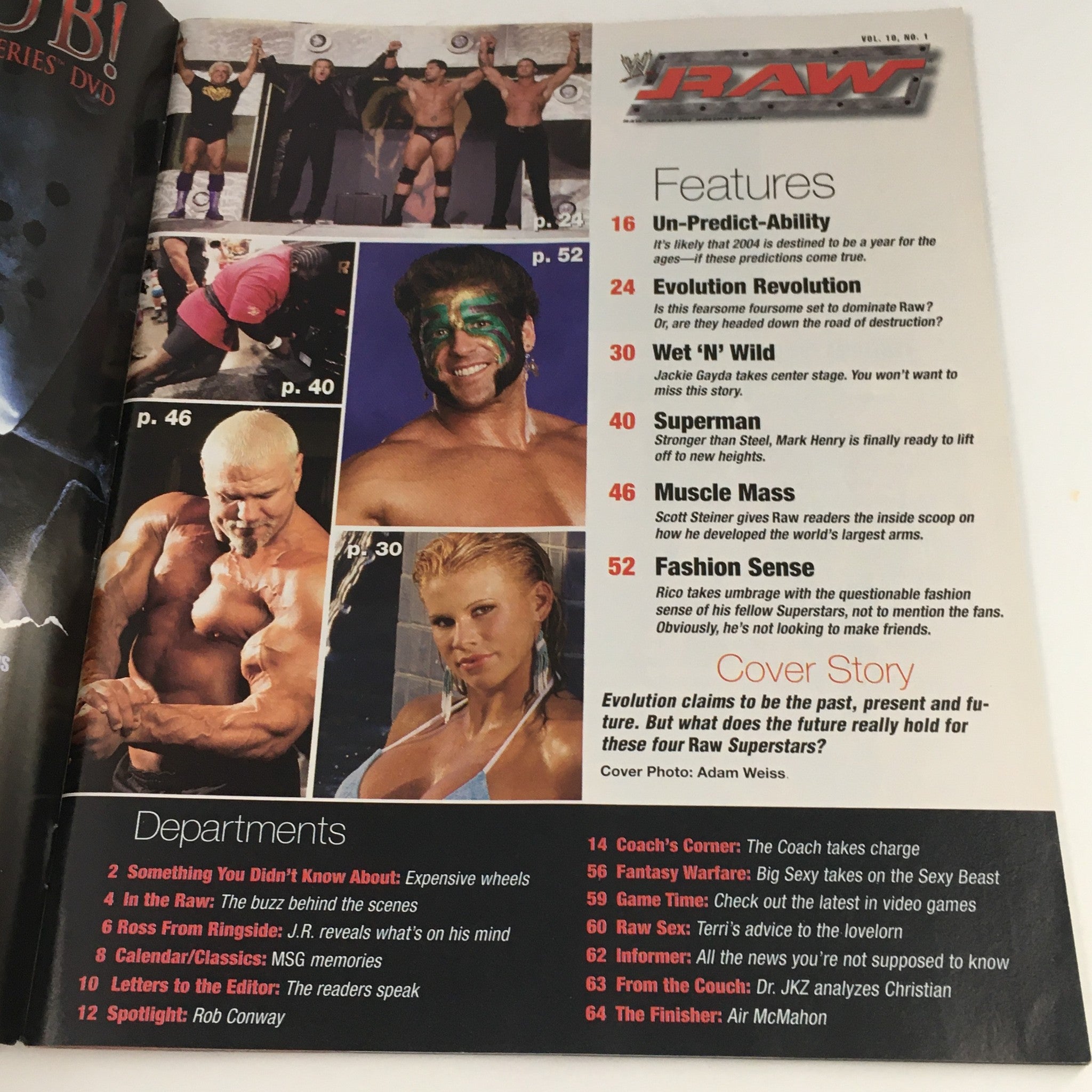 Inside page of WWE Raw Magazine January 2004 displaying features including interviews, predictions, and fashion analysis with images of wrestlers.