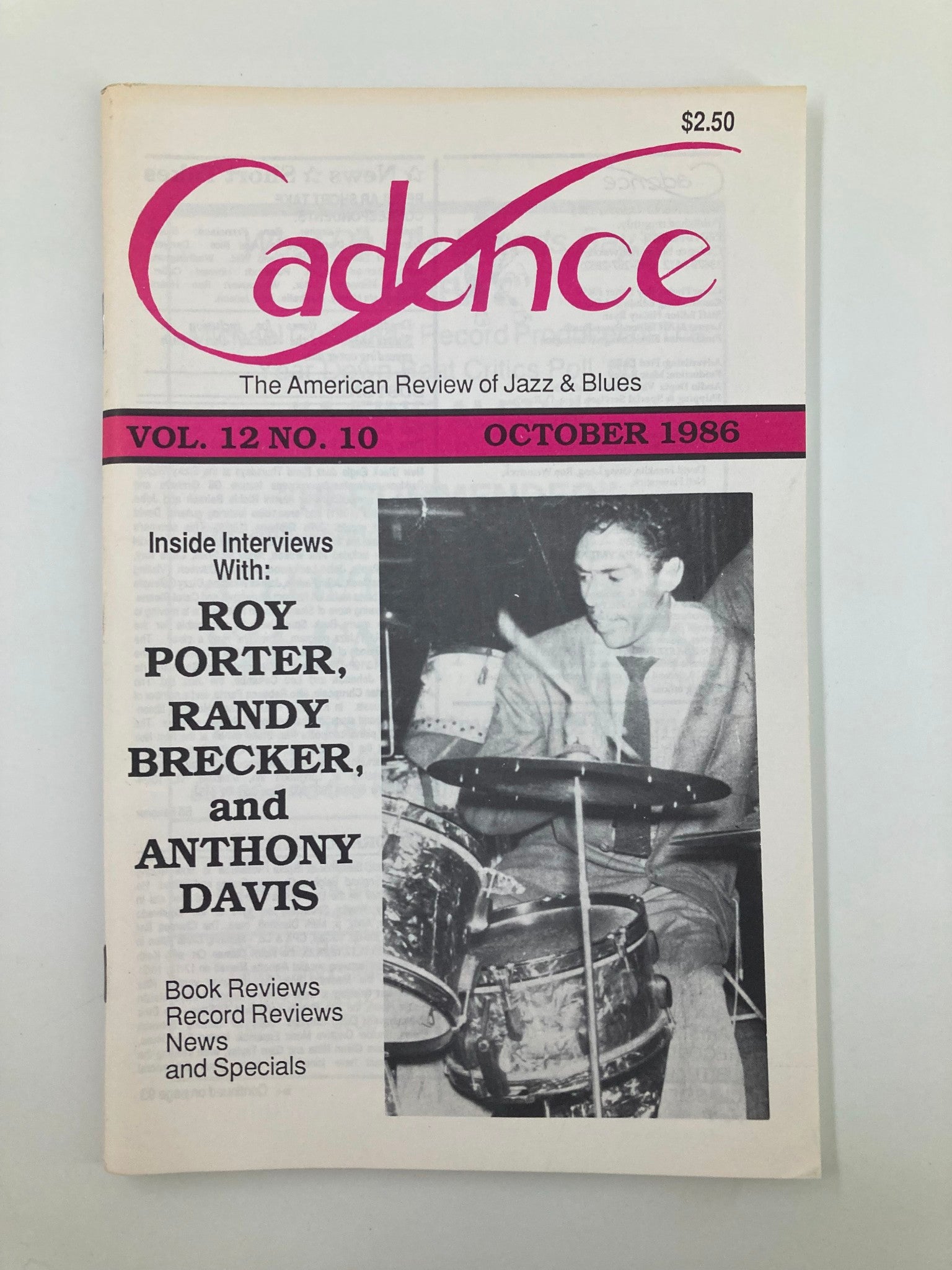 Cover of VTG Cadence Jazz Magazine October 1986 Vol 12 #10 featuring inside interviews with Roy Porter, Randy Brecker, and Anthony Davis, showcasing a black and white photo of a drummer.
