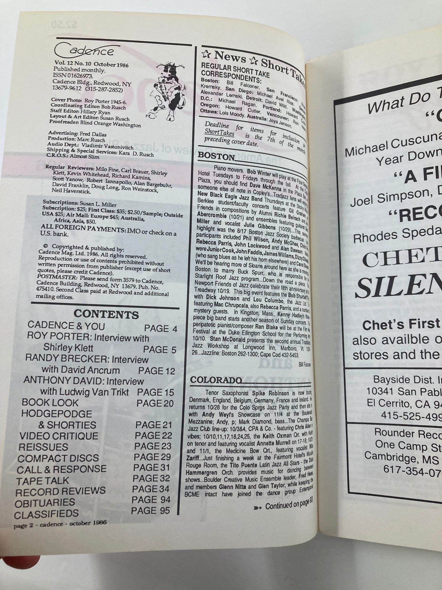 Inside page of VTG Cadence Jazz Magazine October 1986 Vol 12 #10 displaying the table of contents and details about the magazine's publication and contributors.