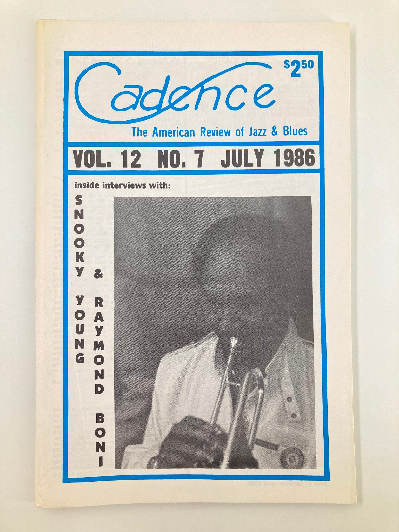 VTG Cadence Jazz Magazine July 1986 Vol 12 #7 featuring Snooky Young and Raymond Boni, showcasing cover design with featured artist playing trumpet.