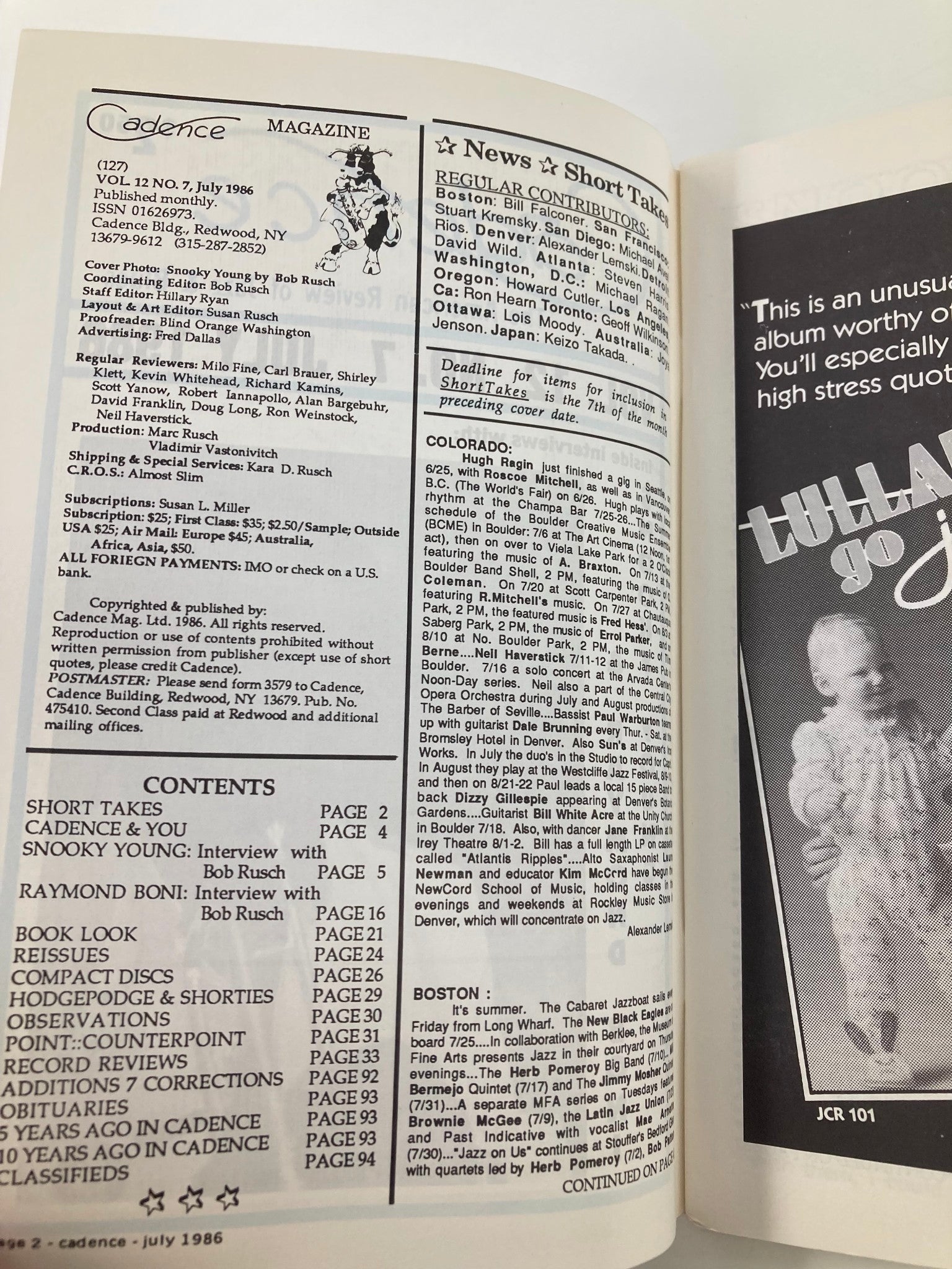 Inside page of VTG Cadence Jazz Magazine July 1986 Vol 12 #7, displaying contents and articles including interviews with Snooky Young and Raymond Boni.
