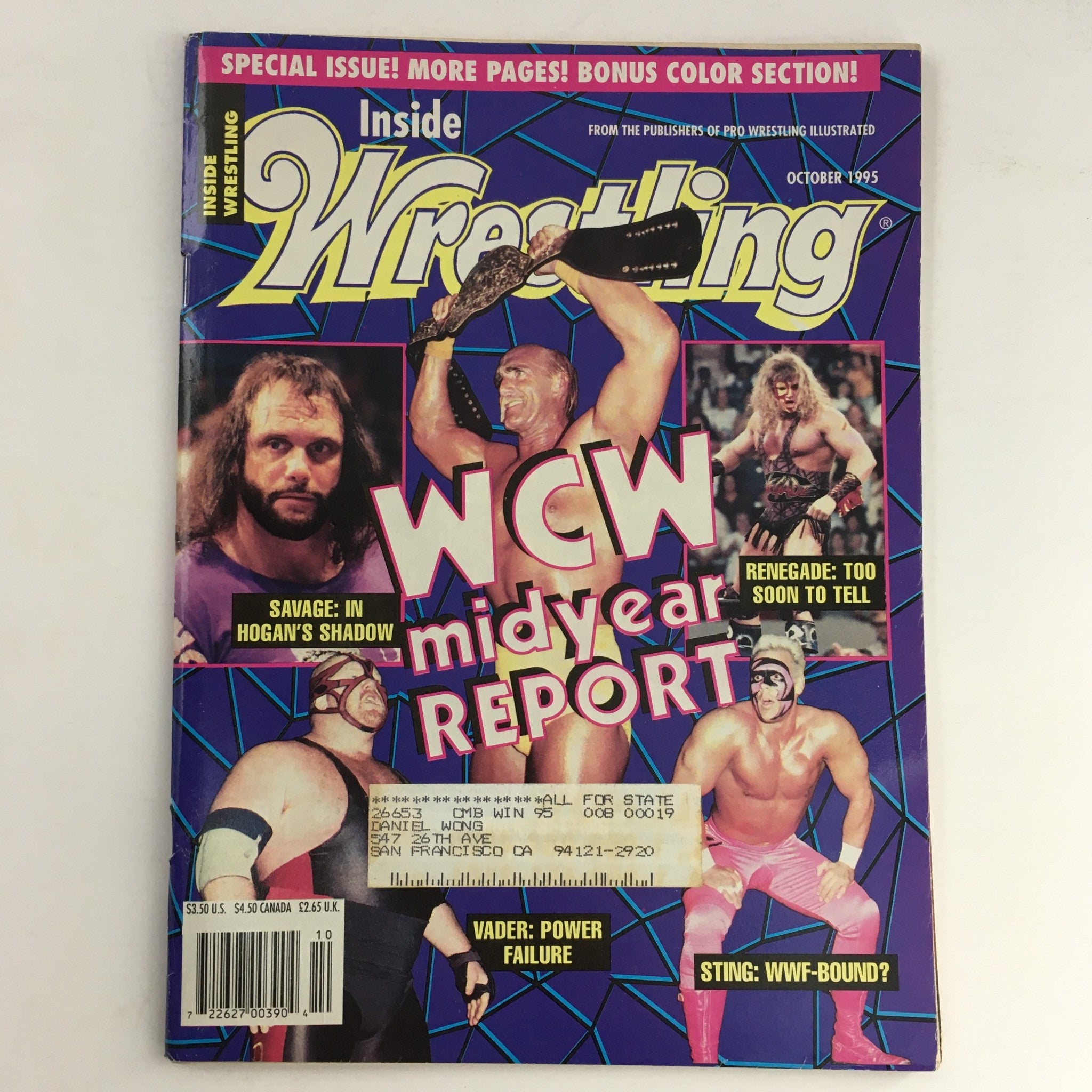 Cover of Inside Wrestling Magazine, October 1995 featuring Hulk Hogan, Randy Savage, and Big Van Vader, showcasing WCW midyear report and nostalgic wrestling era.