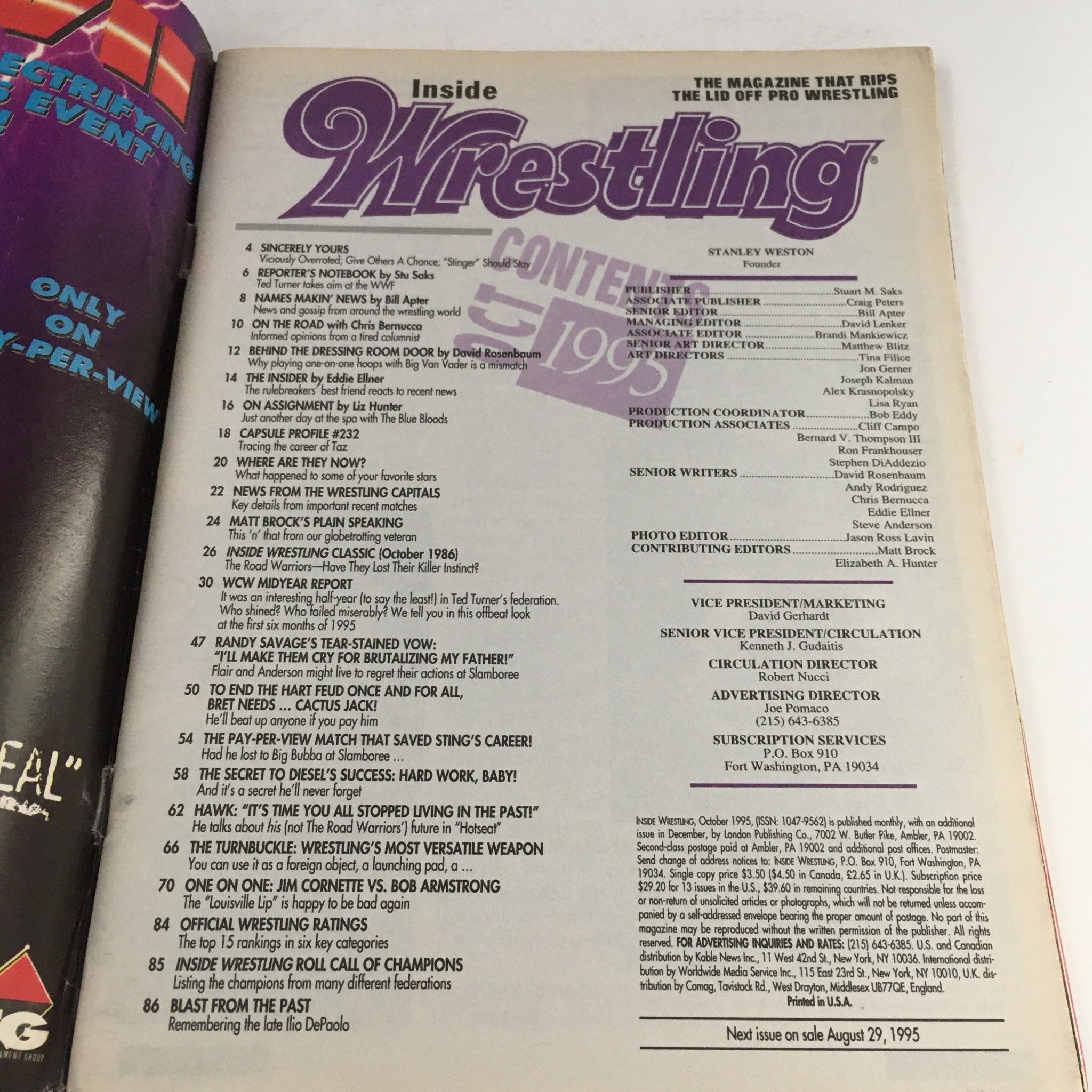 Table of Contents from Inside Wrestling Magazine, October 1995, listing articles and features including highlights from prominent wrestlers.
