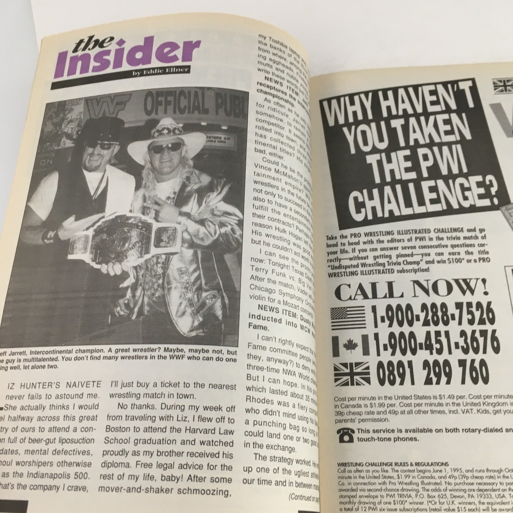 Page from Inside Wrestling Magazine, October 1995, featuring The Insider column by Eddie Ellner with images of wrestlers, showcasing wrestling industry insights.