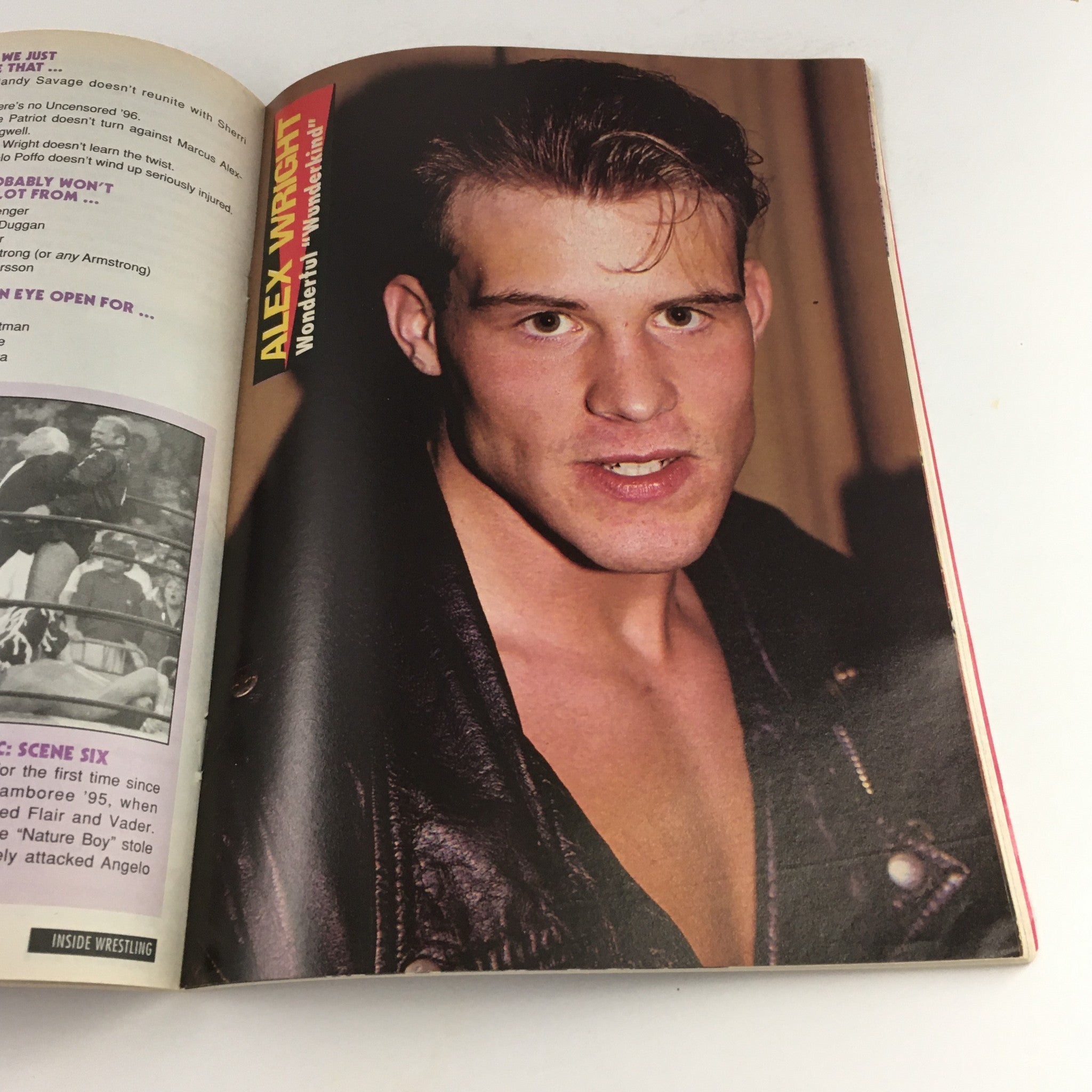 Close-up image of wrestler Alex Wright featured in Inside Wrestling Magazine, October 1995, highlighting his wrestling persona and charm.