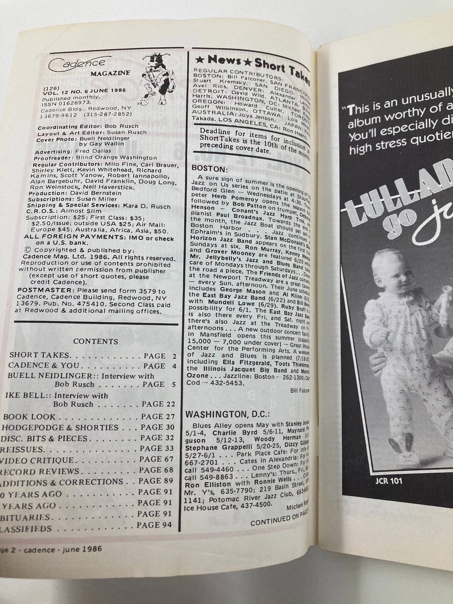 Inside page of VTG Cadence Jazz Magazine June 1986 Vol 12 #6 listing contents, articles, and interviews related to jazz music.
