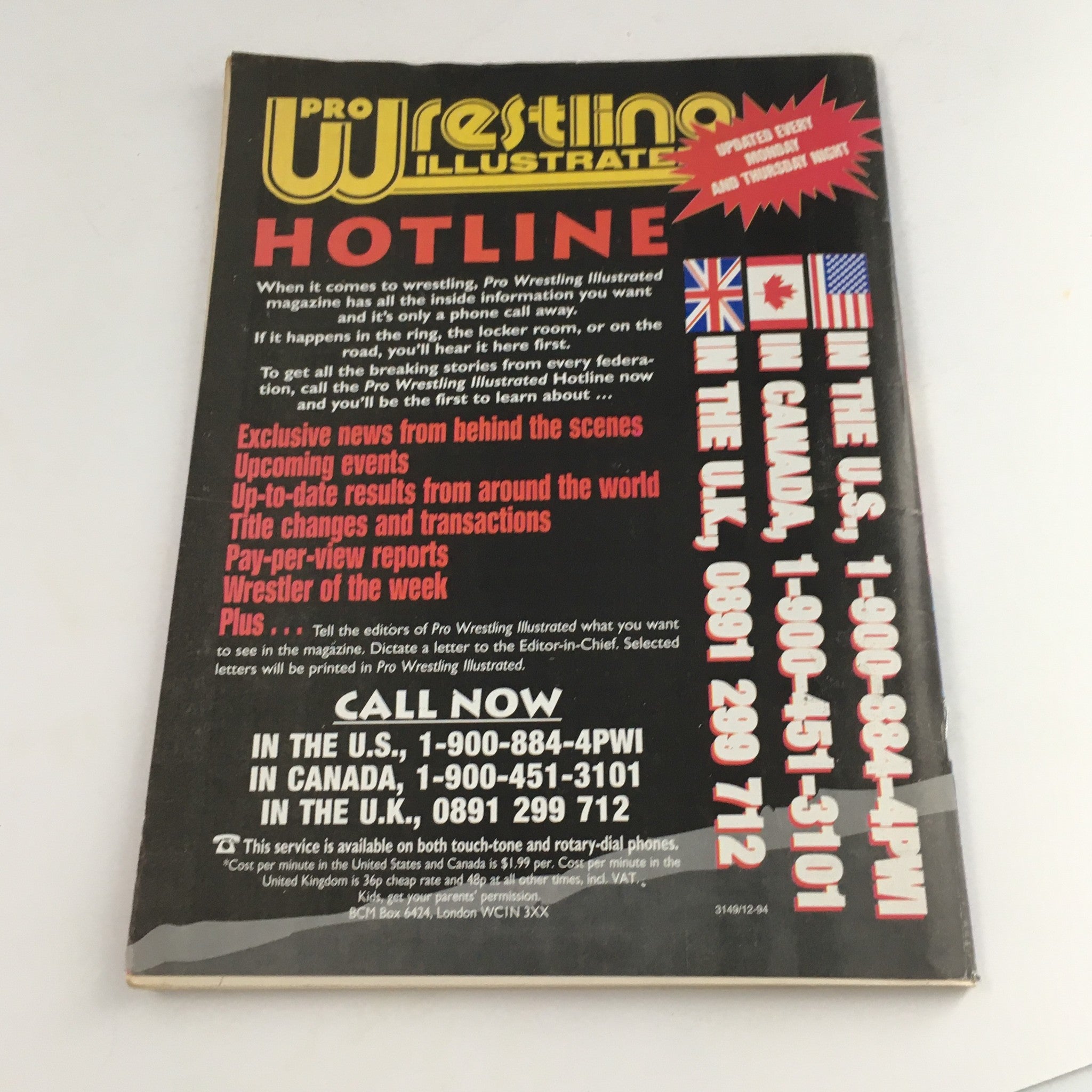 Pro Wrestling Illustrated magazine hotline advertisement featuring exclusive news and updates, related to the Inside Wrestling Magazine October 1995 featuring Hulk Hogan, Randy Savage, and Big Van Vader.