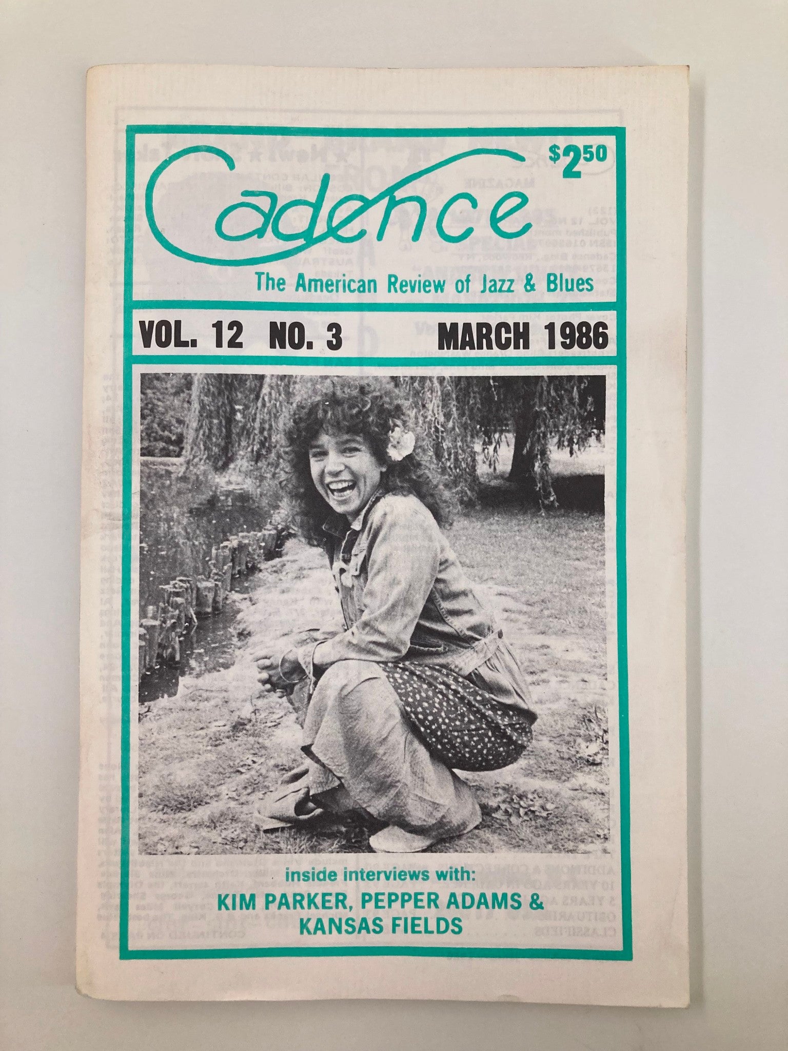 Cadence Jazz Magazine March 1986 Vol 12 No 3 featuring cover image of a woman smiling, with floral details, and text highlighting inside interviews with Kim Parker and Pepper Adams.