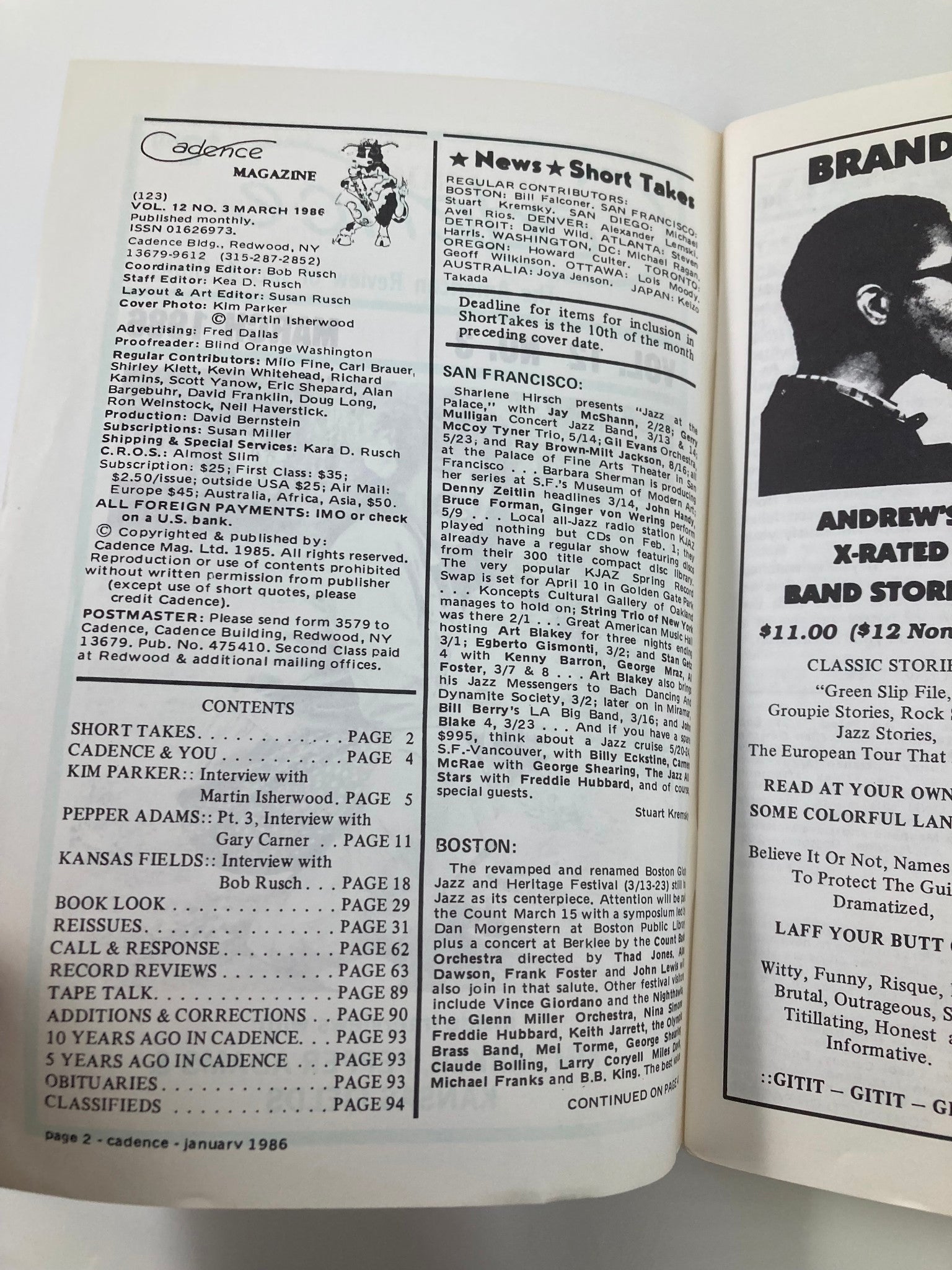 Interior page from VTG Cadence Jazz Magazine March 1986 Vol 12 #3 featuring contents and contributor information including interviews with Kim Parker and Pepper Adams.