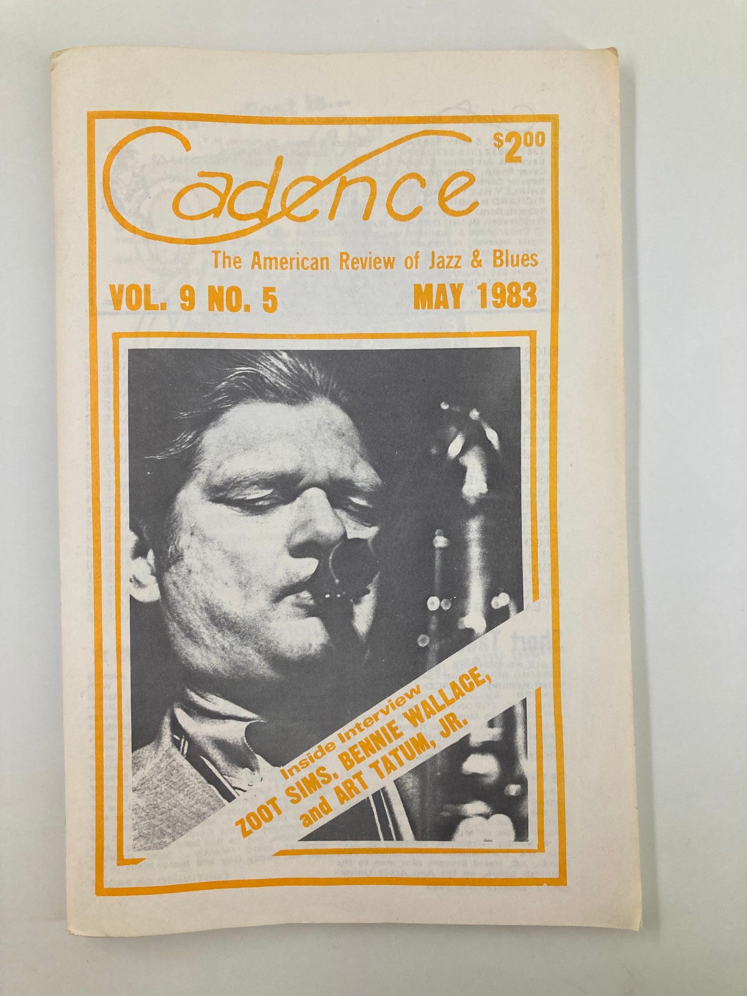 Cover of VTG Cadence Jazz Magazine May 1983 Vol 9 #5 featuring an image of a jazz musician. Highlights include Zoot Sims, Bennie Wallace, and Art Tatum.
