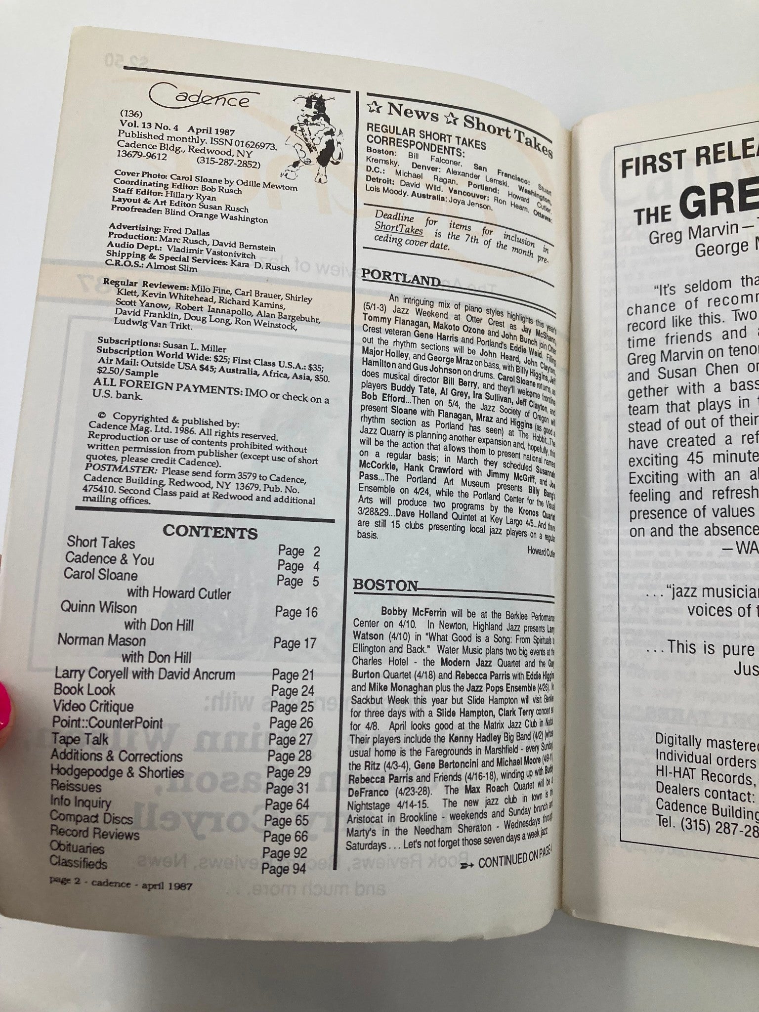 Inside page of Cadence Jazz Magazine April 1987 Vol 13 #4, showcasing table of contents and articles including features on Carol Sloane and Quinn Wilson.