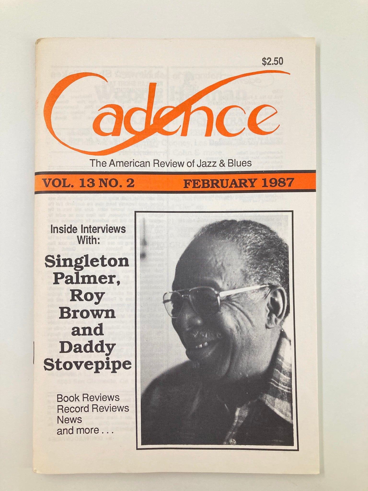 Cover of VTG Cadence Jazz Magazine February 1987 Vol 13 #2 featuring interviews with Singleton Palmer, Roy Brown, and Daddy Stovepipe, showcasing the title in bold and highlighting key jazz content.