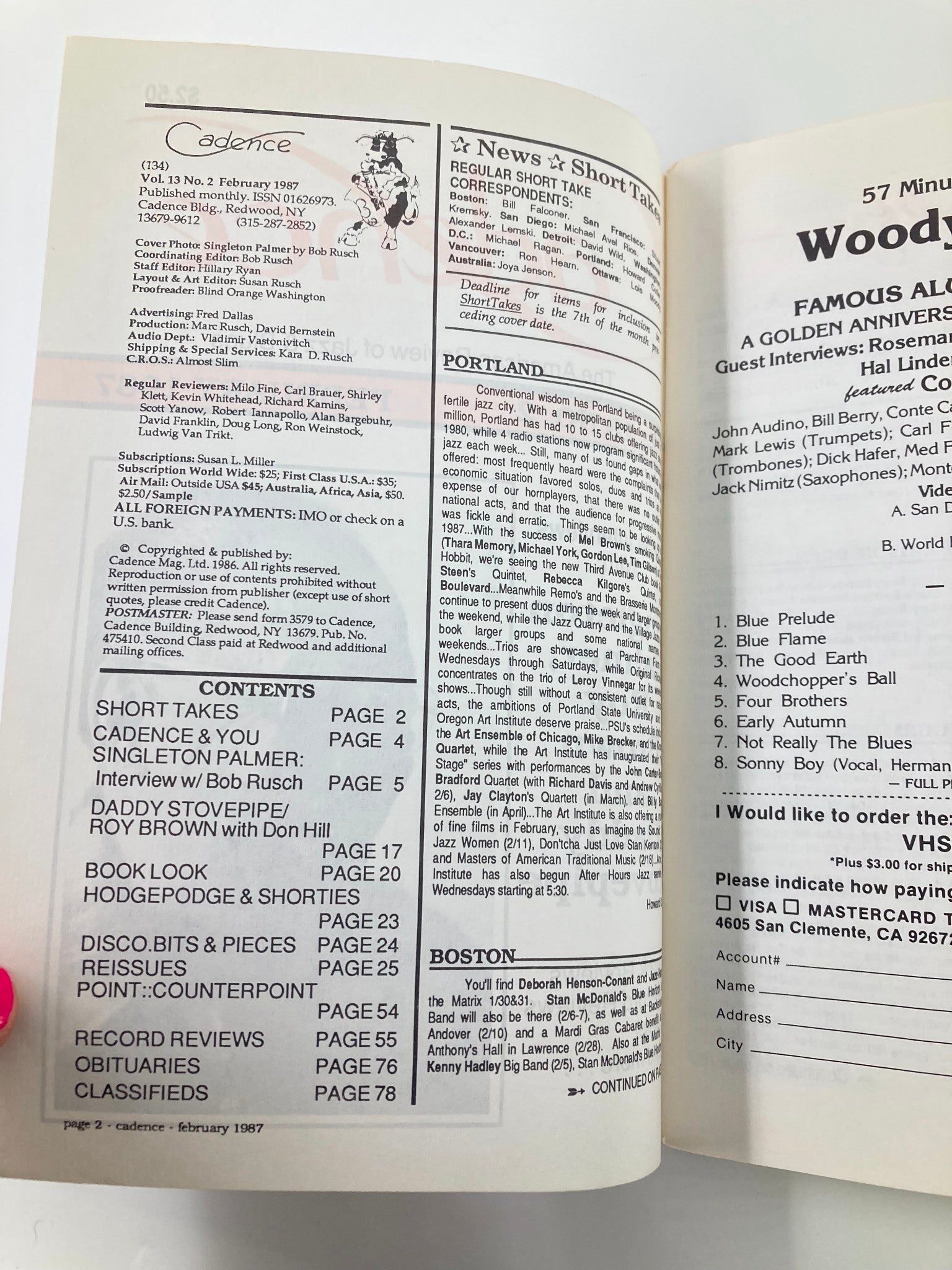 Inside page of VTG Cadence Jazz Magazine February 1987 Vol 13 #2 displaying the table of contents, featuring articles and interviews related to jazz artists and highlights from that era.