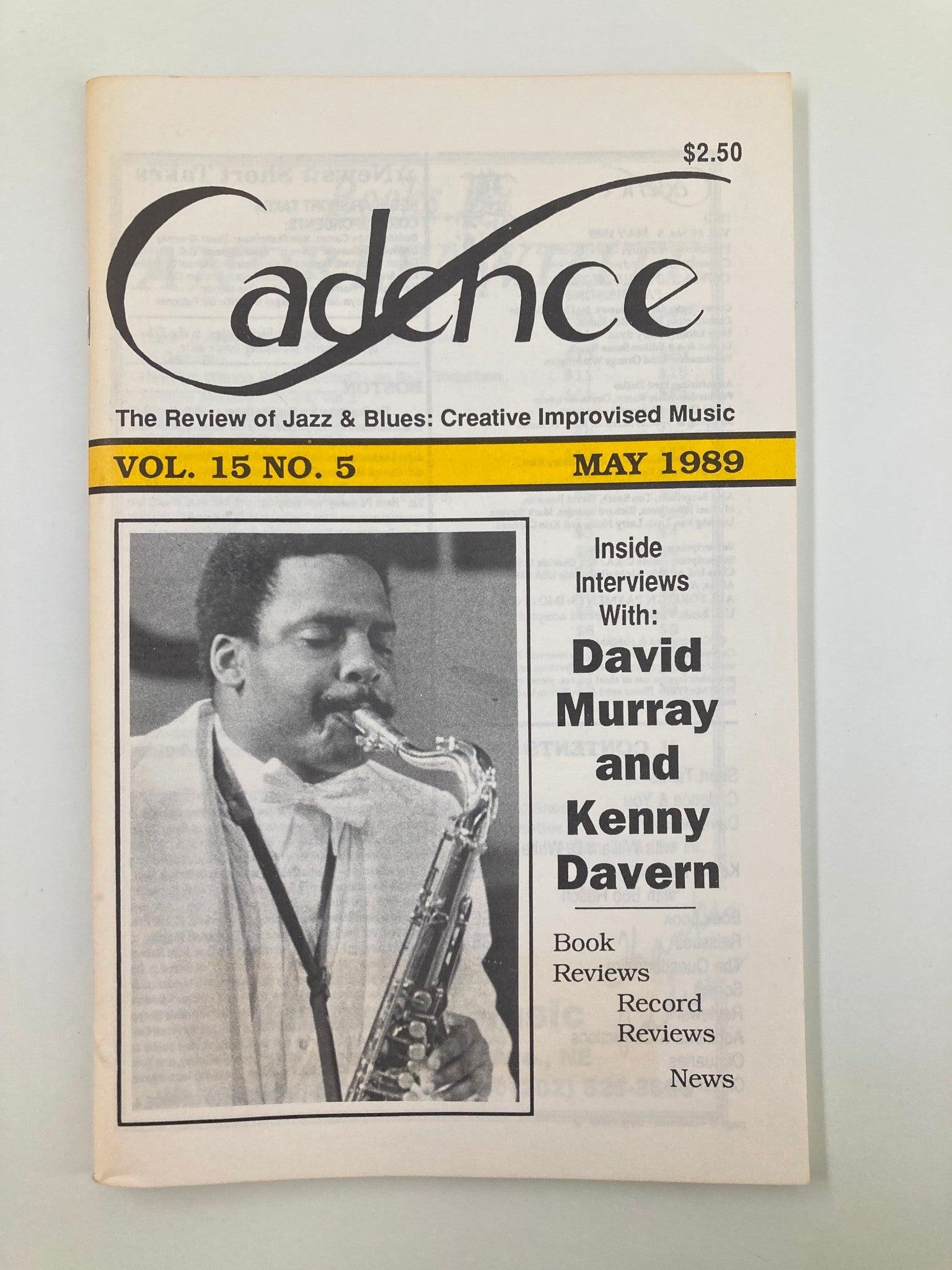 Cover of VTG Cadence Jazz Magazine May 1989 Vol 15 #5 featuring a portrait of David Murray playing saxophone, alongside the names of musicians David Murray and Kenny Davern.
